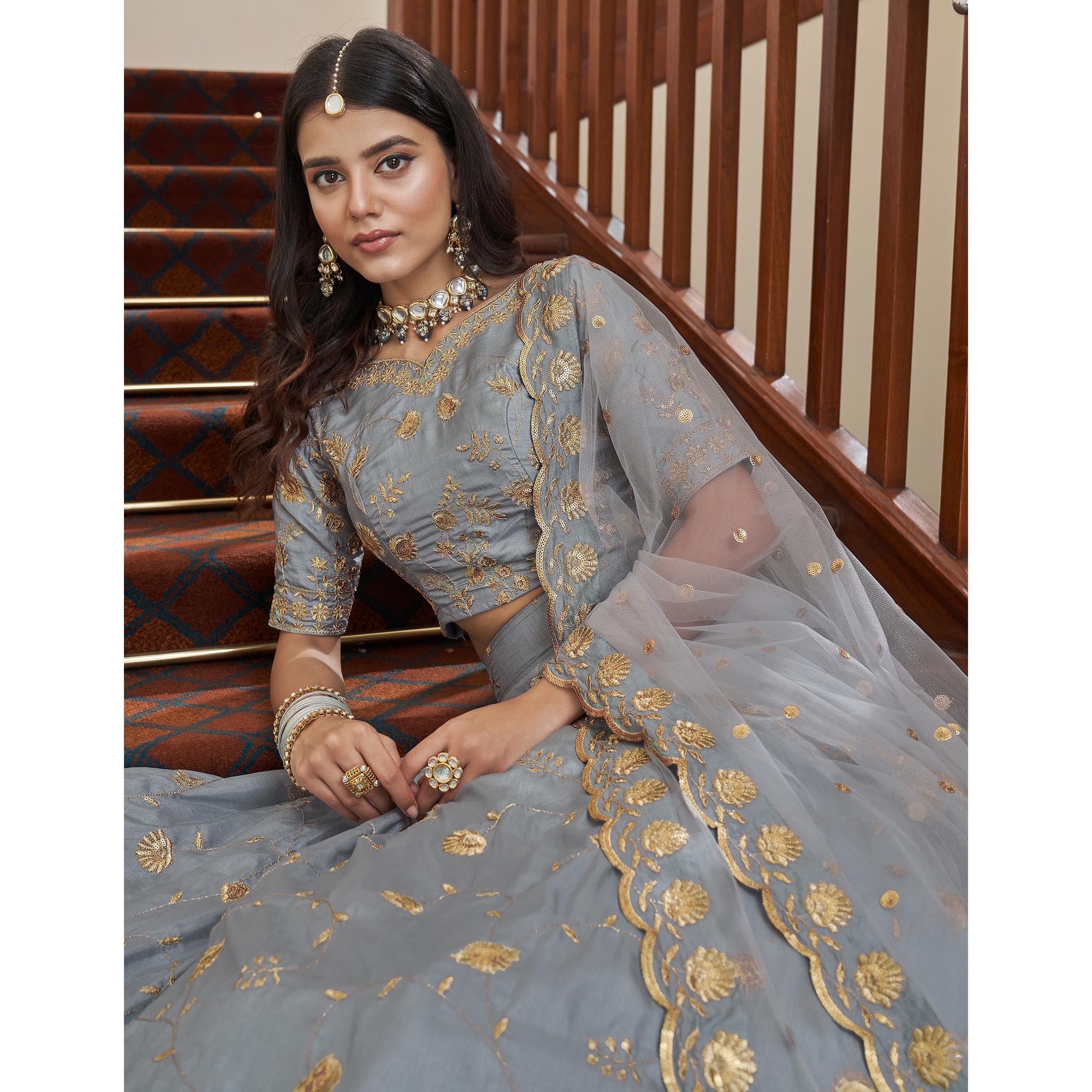 Grey Sequins Embroidered Art Silk Lehenga Choli