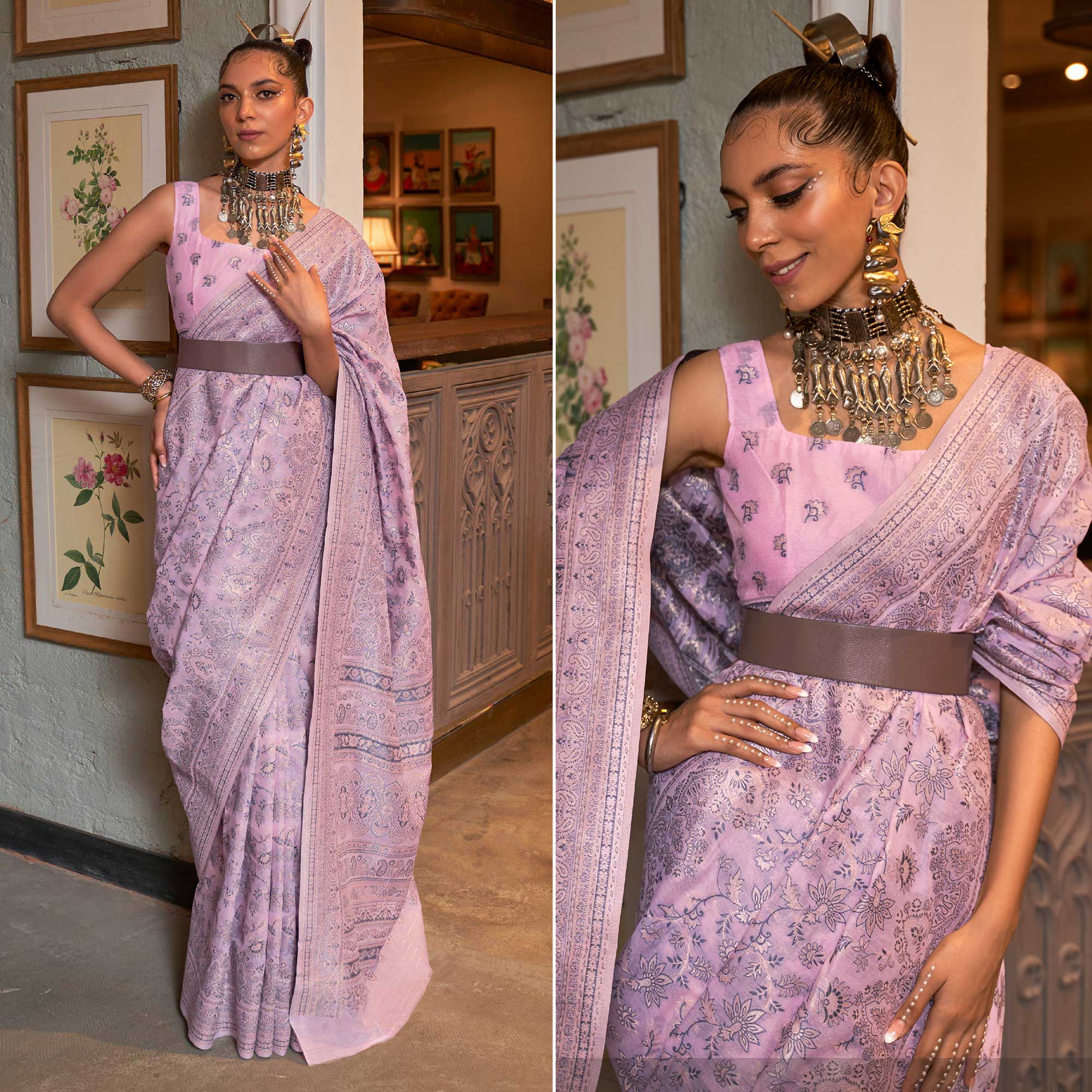 Pastle Pink Floral Woven Modal Saree With Tassels