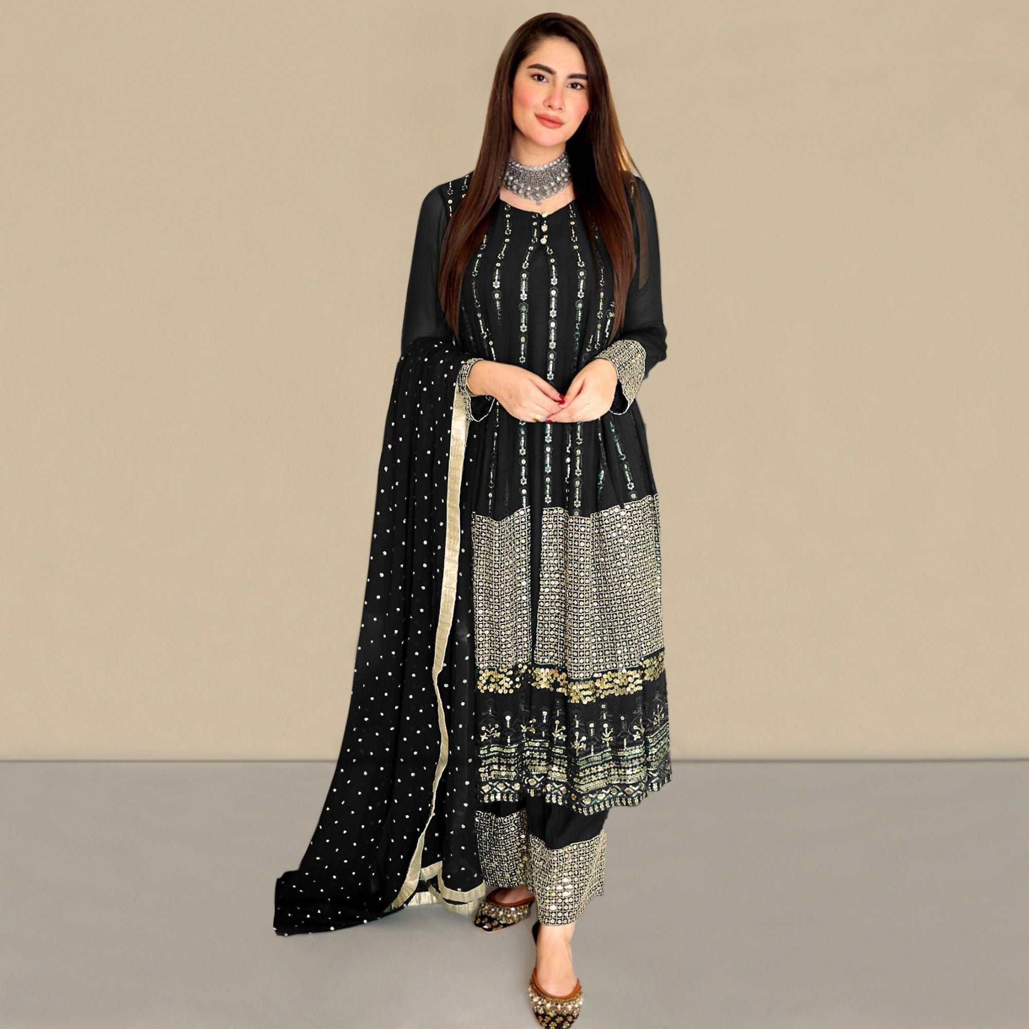 Black Sequins Embroidered Georgette Pakistani Suit