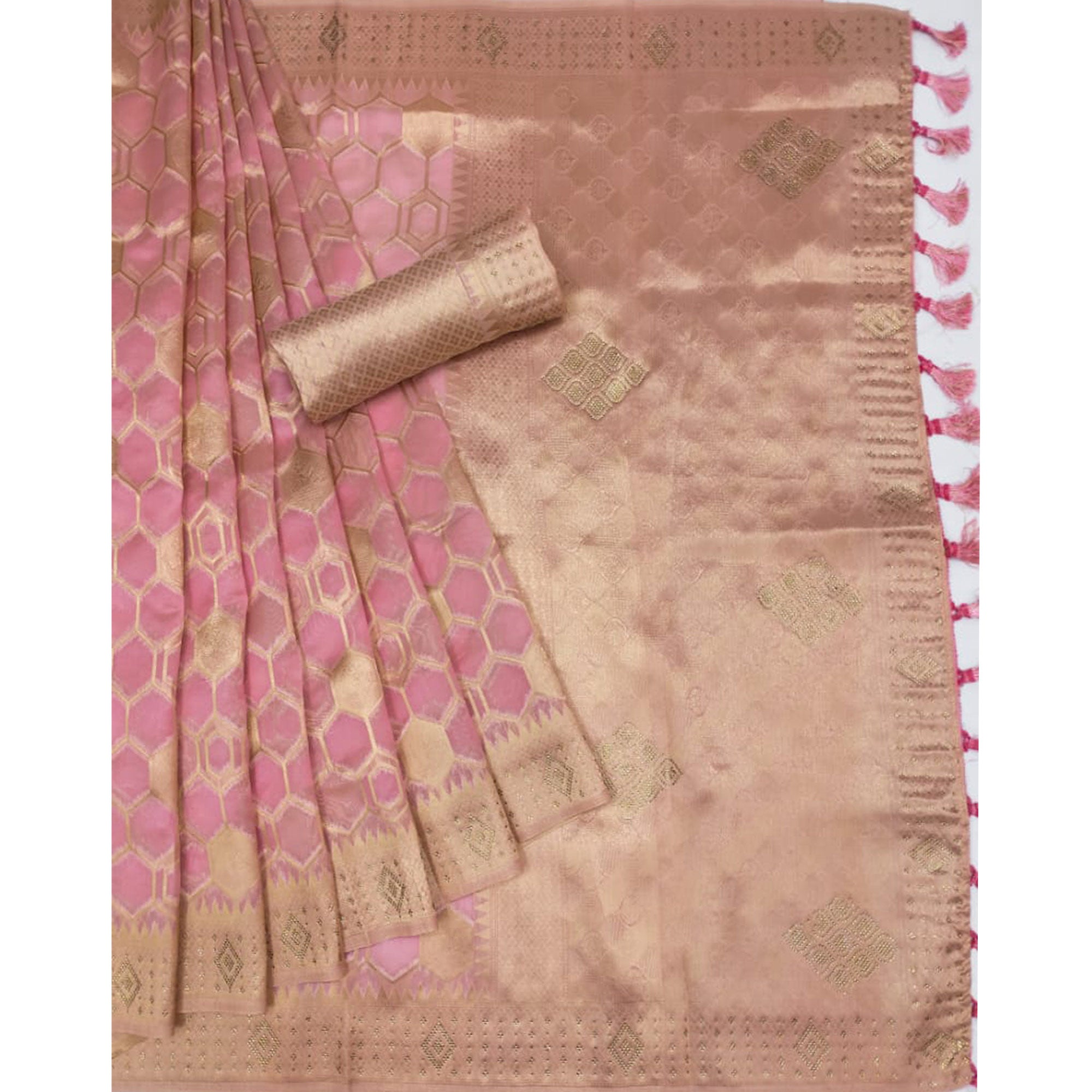 Pink Woven Art Silk Saree With Tassels