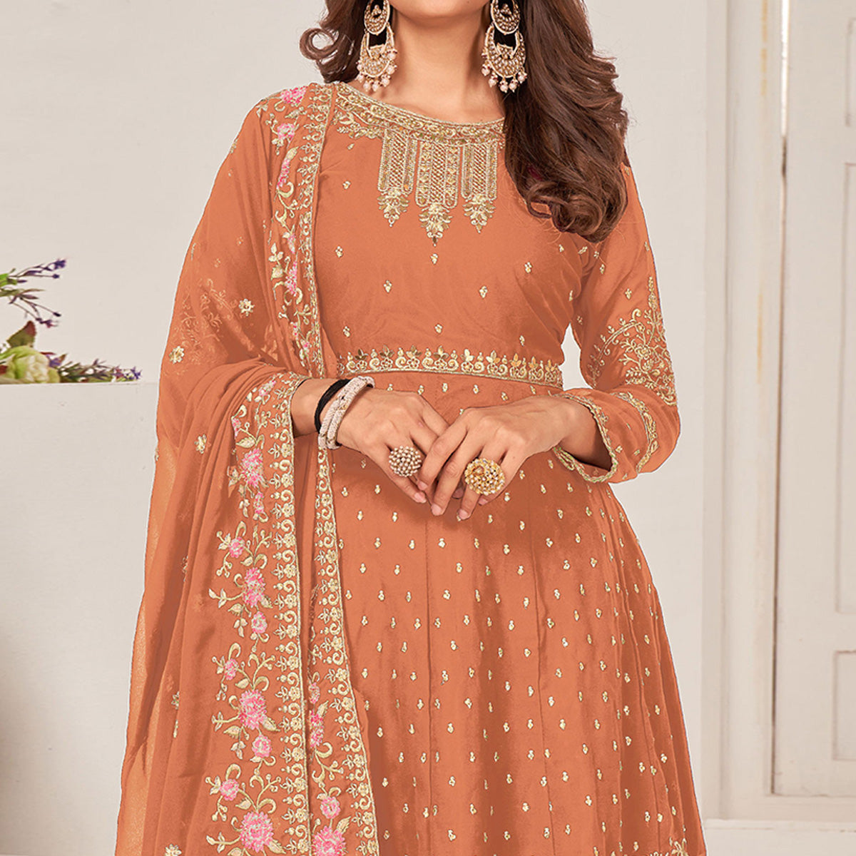 Peach Sequins Embroidered Georgette Sharara Suit