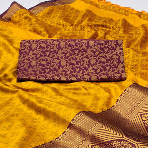 Mustard Woven Cotton Silk Saree With Tassels