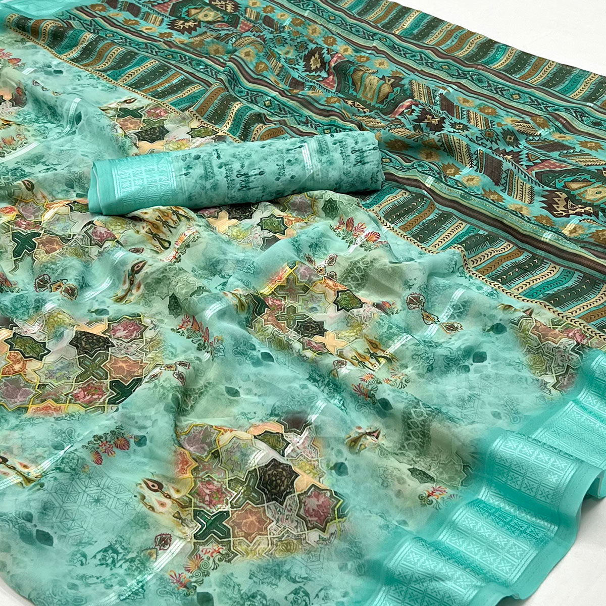 Turquoise Digital Printed Viscose Saree