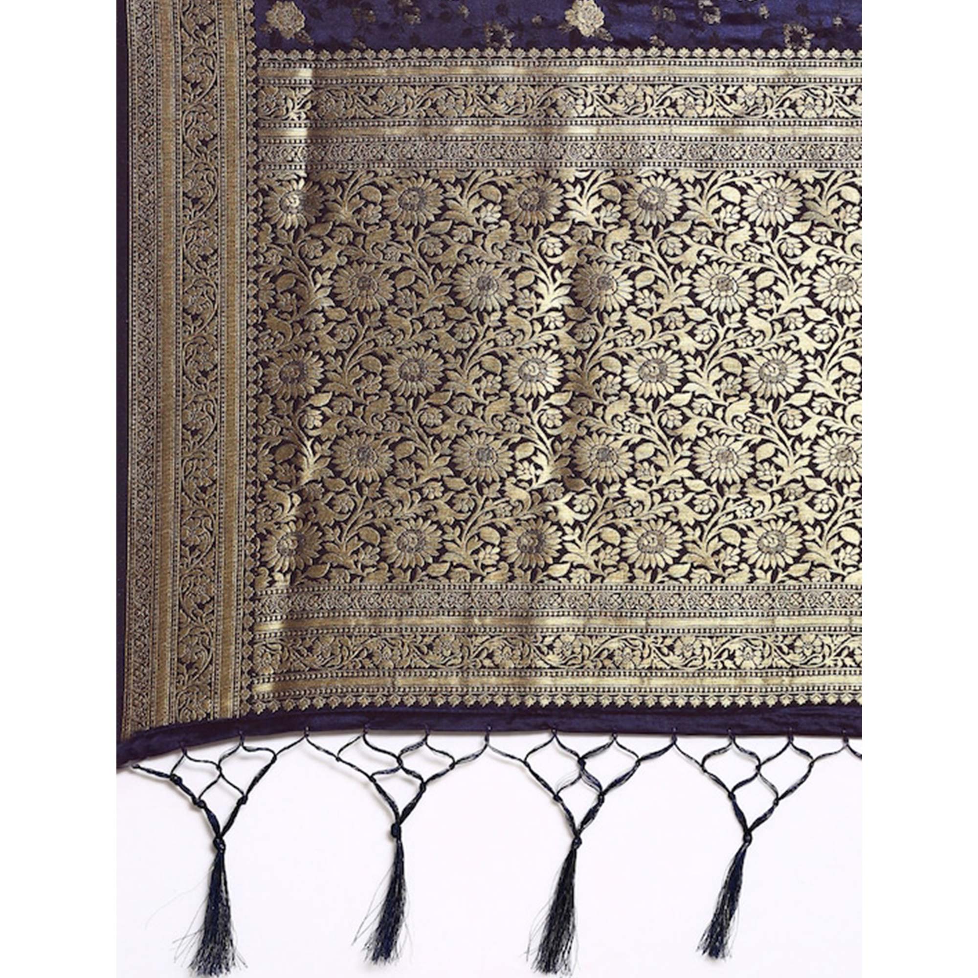Navy Blue Woven Kanjivaram Silk Saree WithTassels