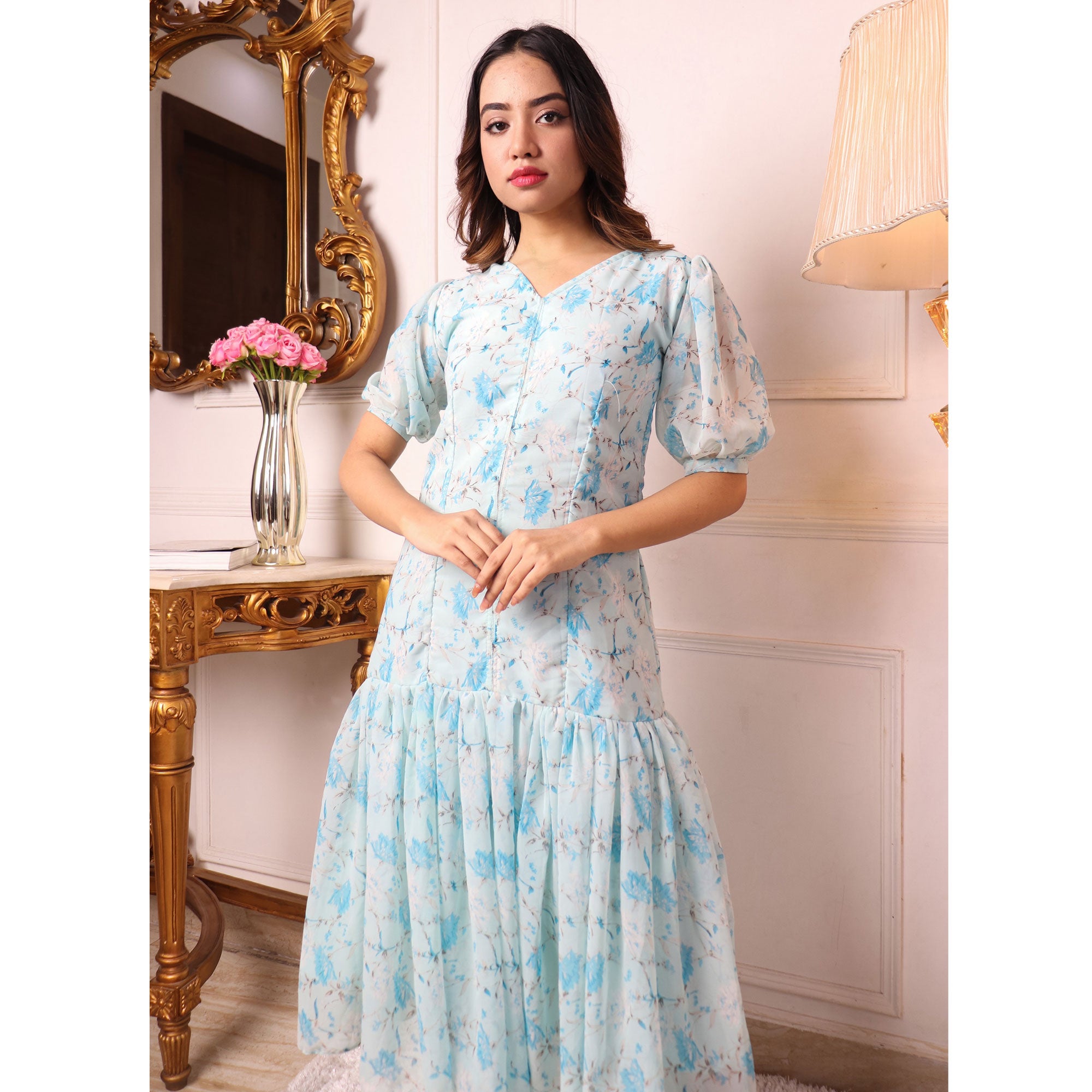 Janasya Blue Floral Georgette Midi Dress - Absolutely Desi