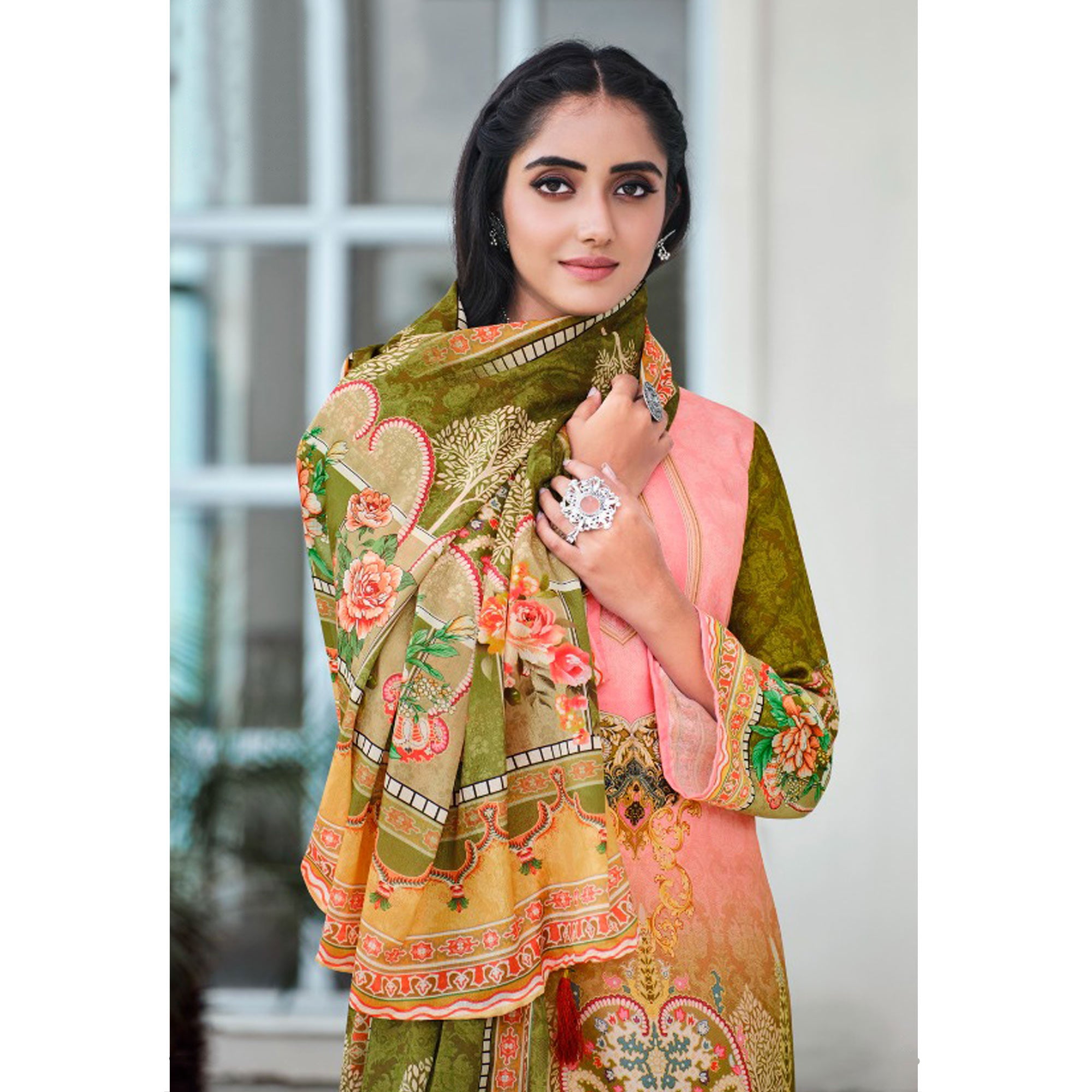 Pink And Green Digital Printed With Daman Embroidered Pure Cotton Pakistani Suit