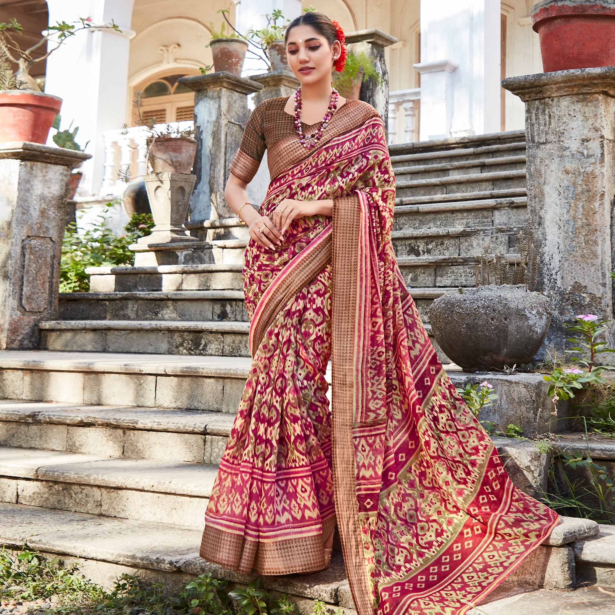 Pink Printed With Woven Border Cotton Saree
