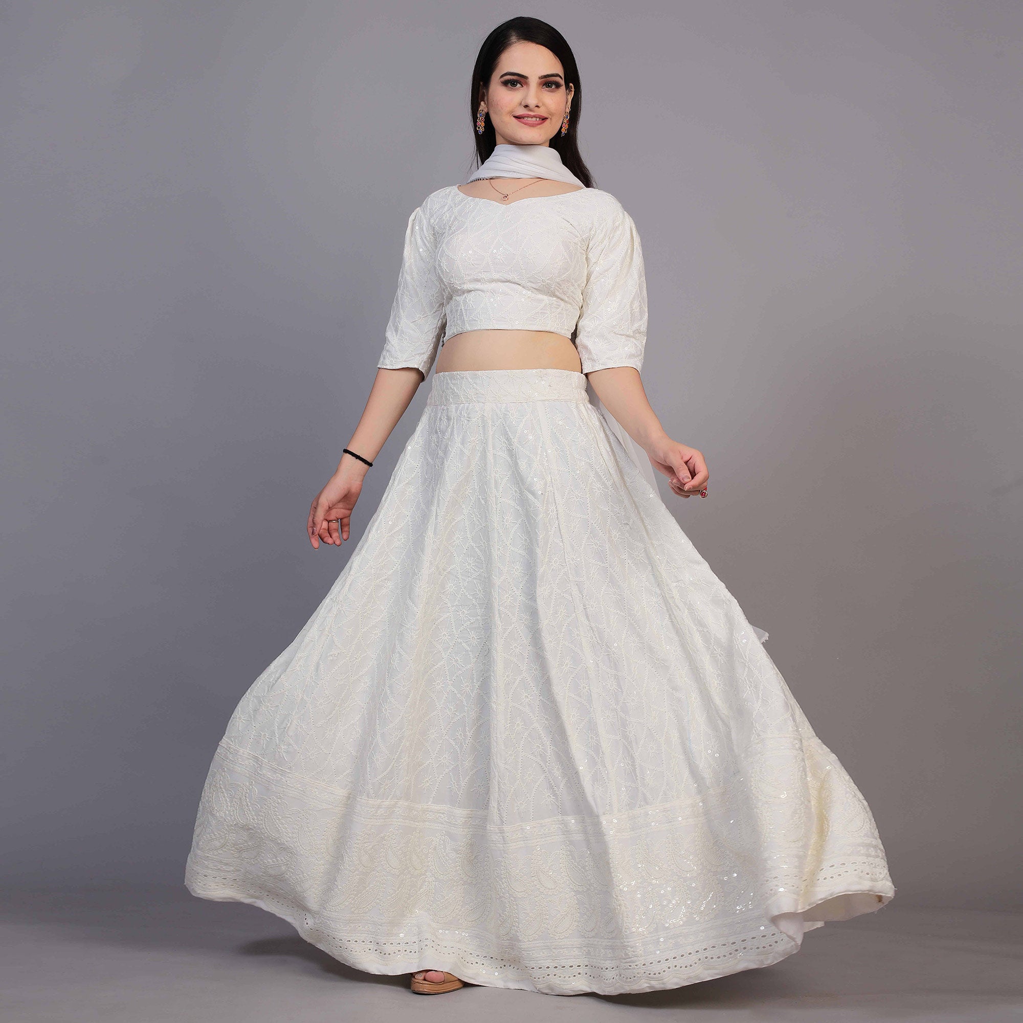 White Lucknowi Chikankari Work Rayon Lehenga Choli