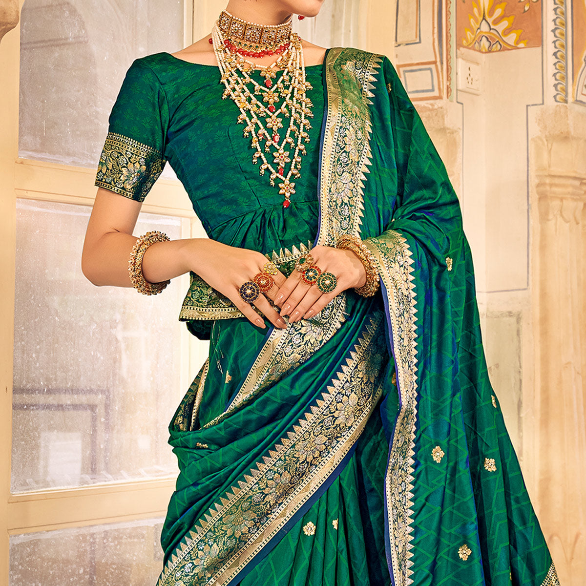 Green Woven Satin Saree