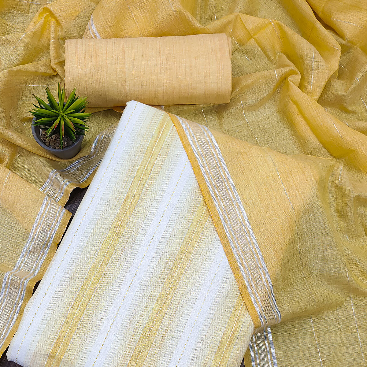 Yellow Woven Cotton Dress Material