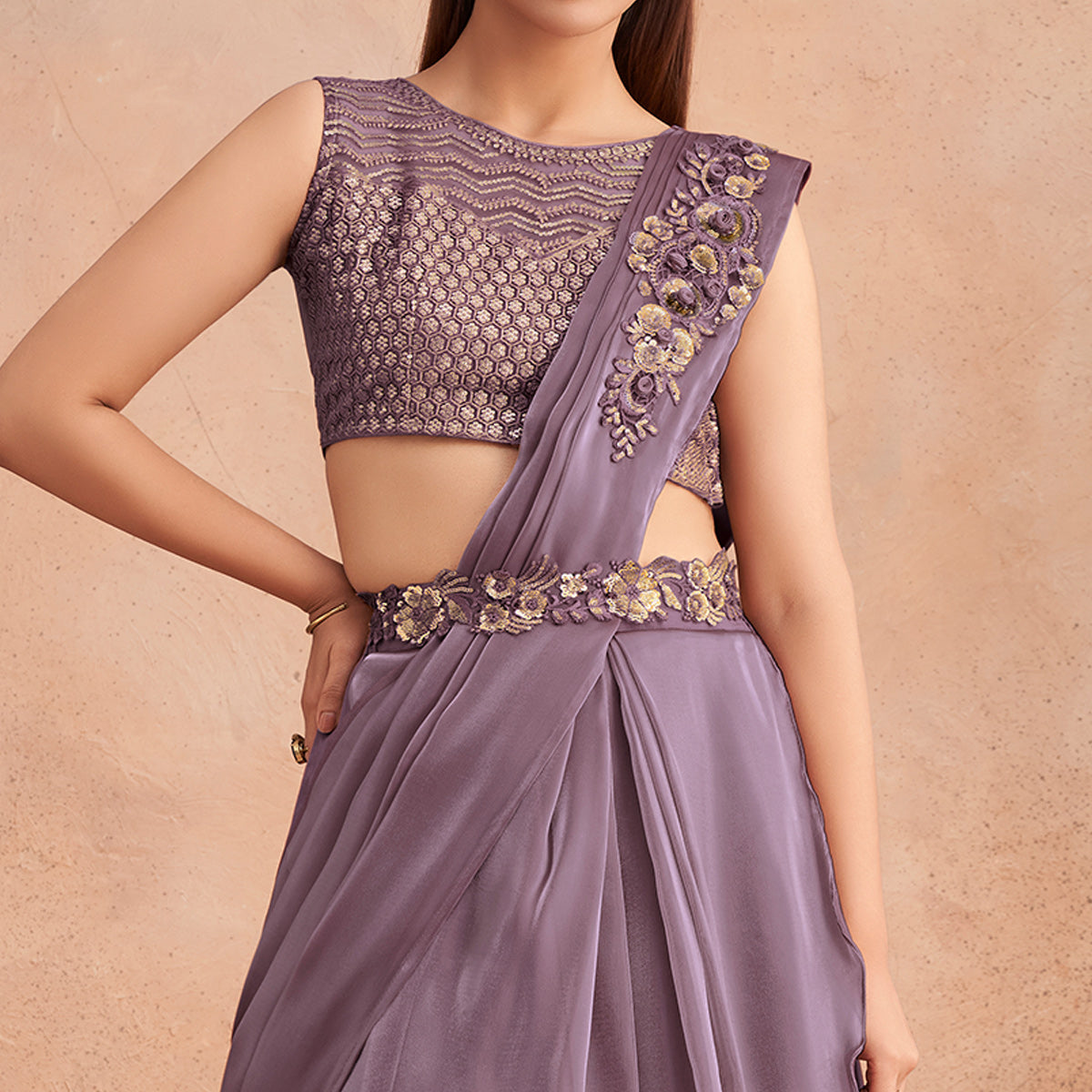 Violet Sequins Embroidered Ready to Wear Art Silk Saree