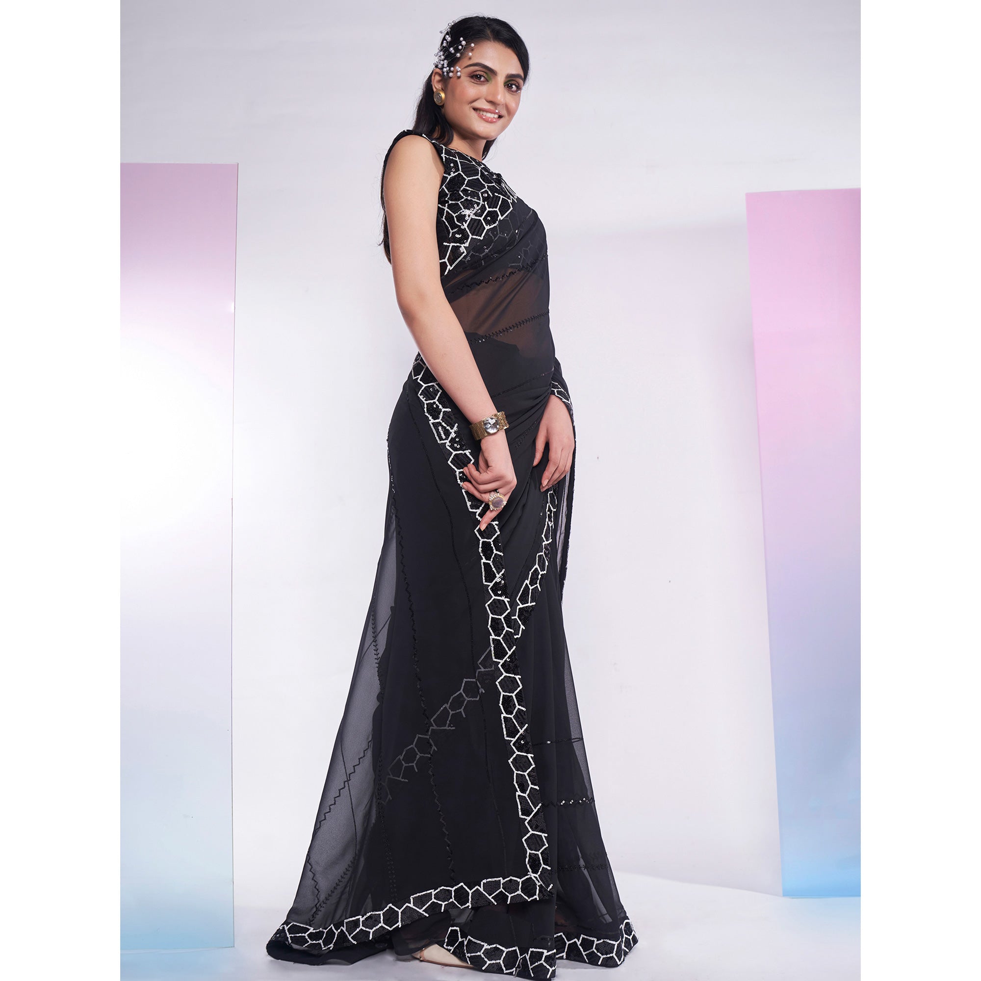 Black Sequins Embroidered Georgette Saree