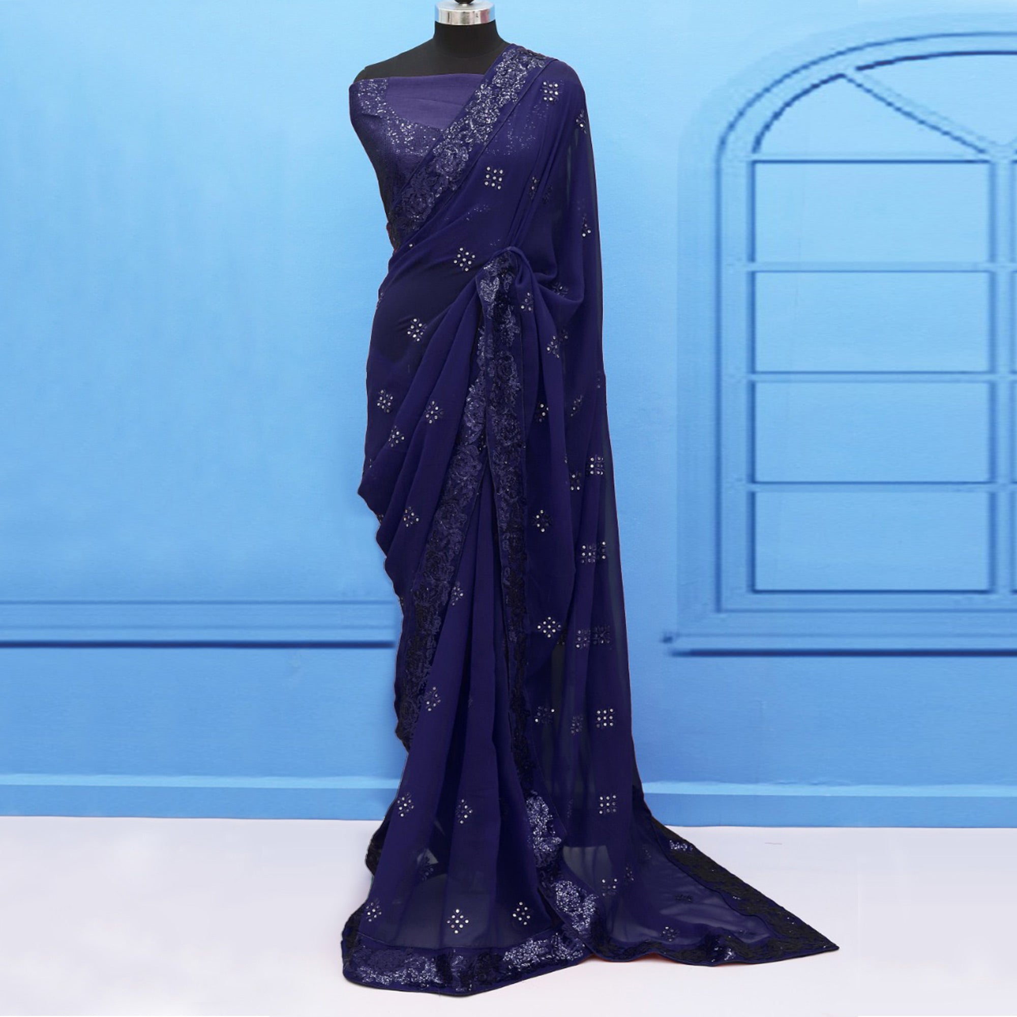 Navy Blue Sequins Emroidered Georgette Saree