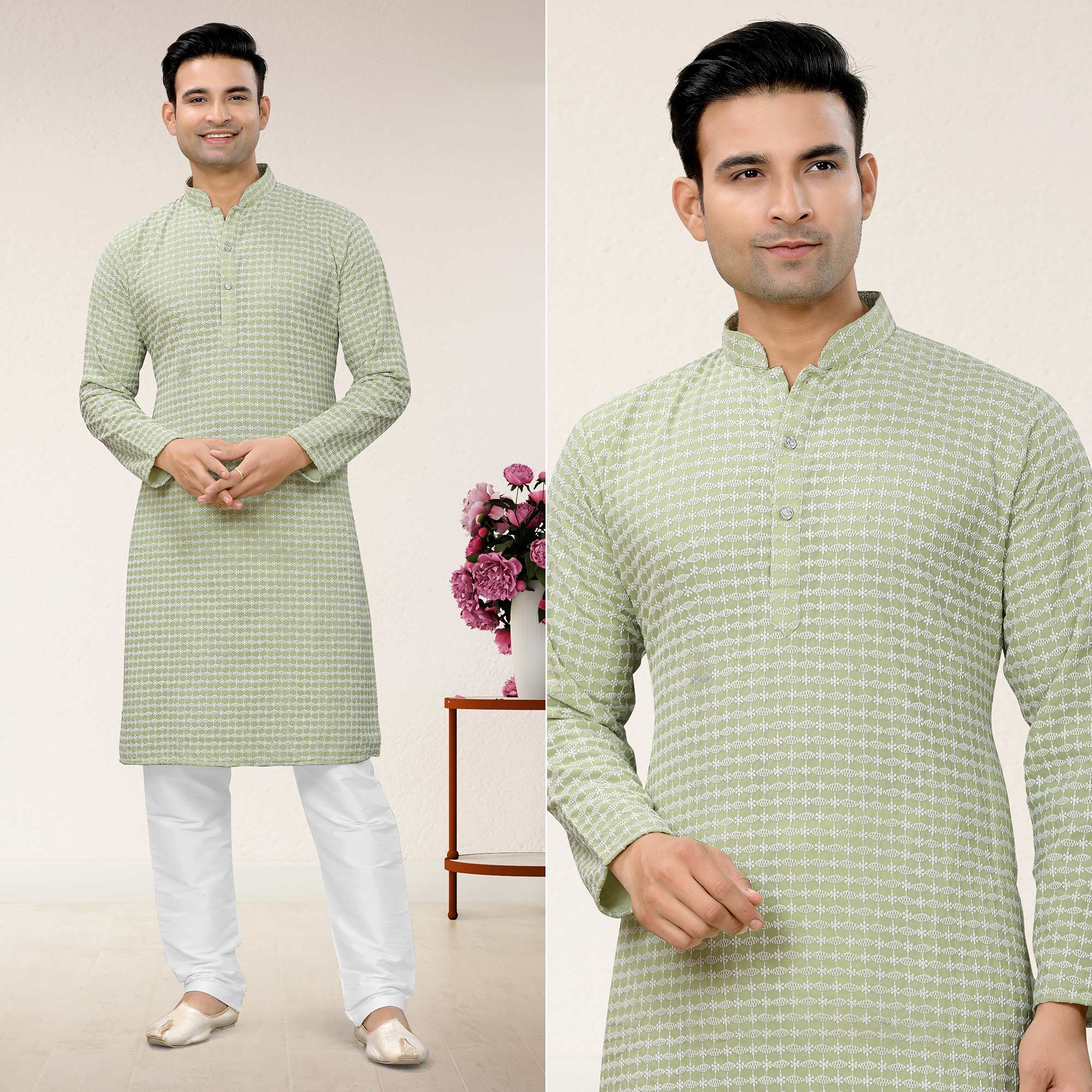 Pista Lucknowi Embroidered Georgette Kurta Pyjama Set