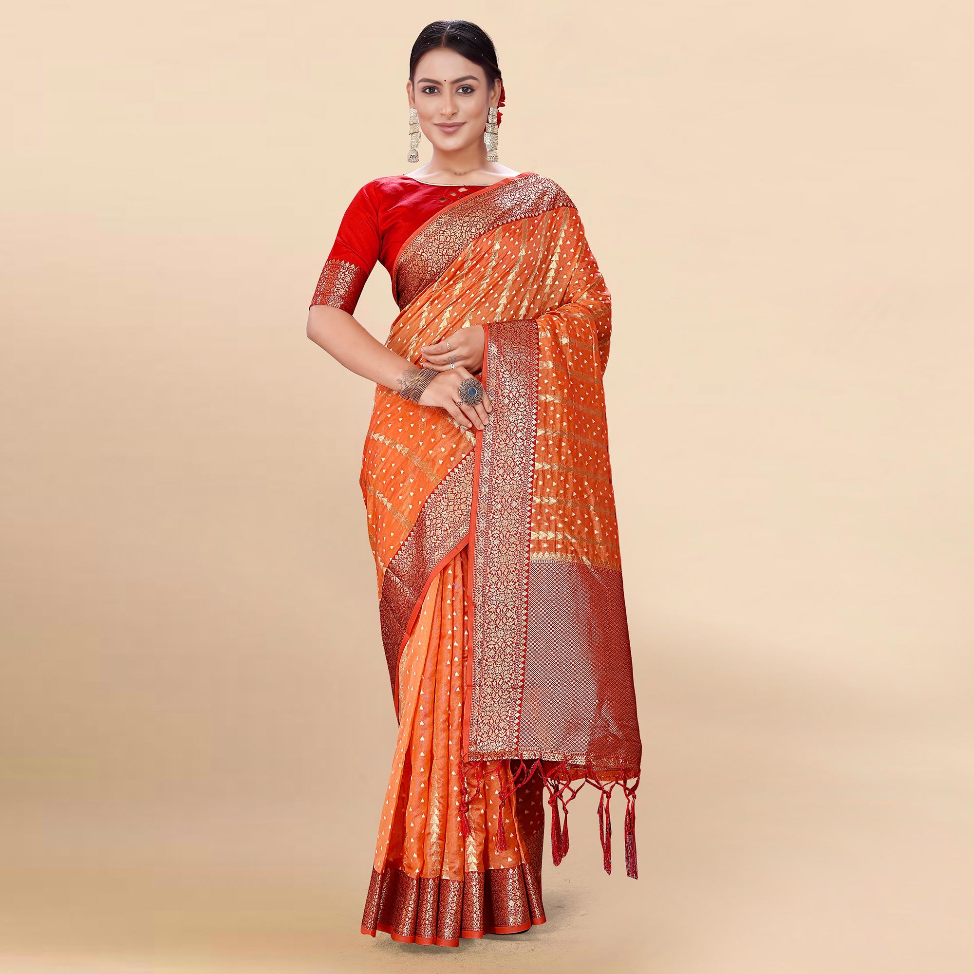 Orange Woven Organza Saree With Tassels