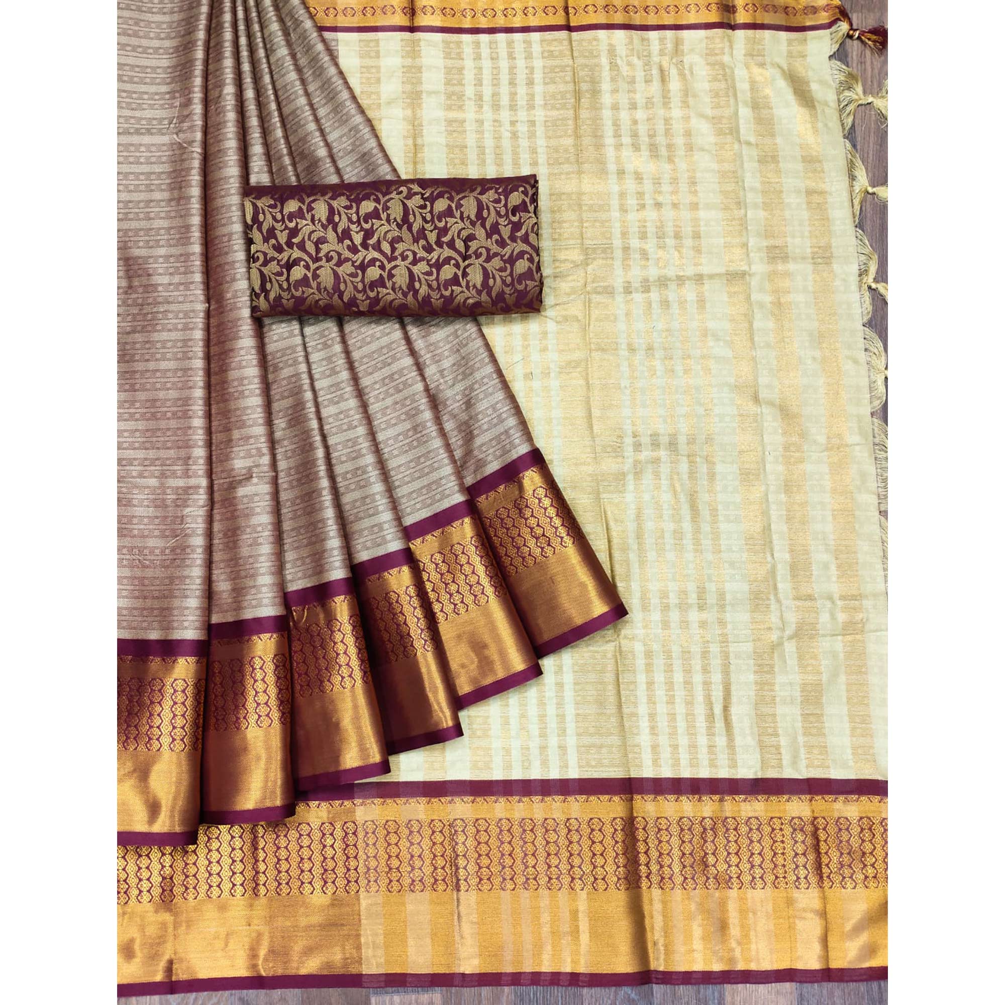Chikoo Woven Cotton Silk Saree