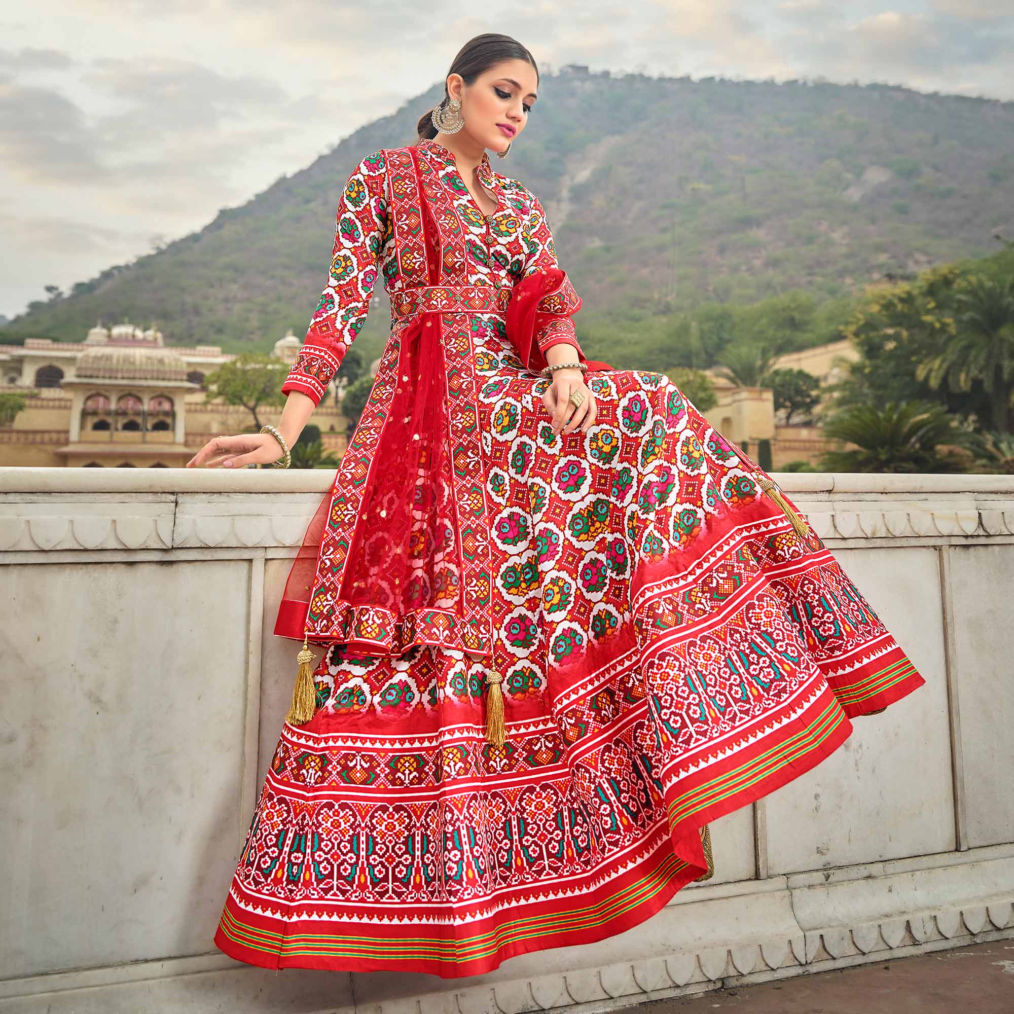 Red Patola Digital Printed Dola Silk Gown