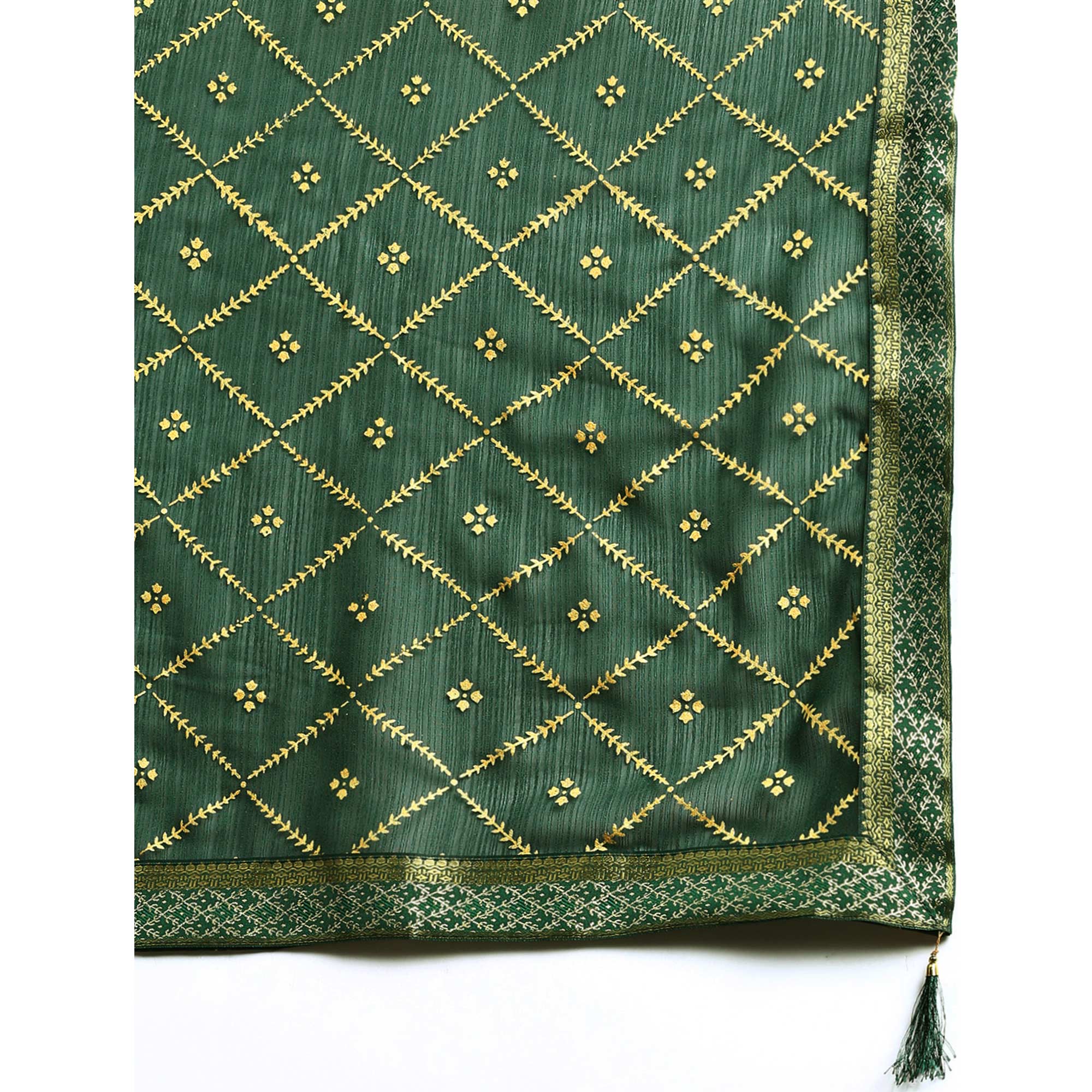 Green Floral Foil Printed Zomato Saree