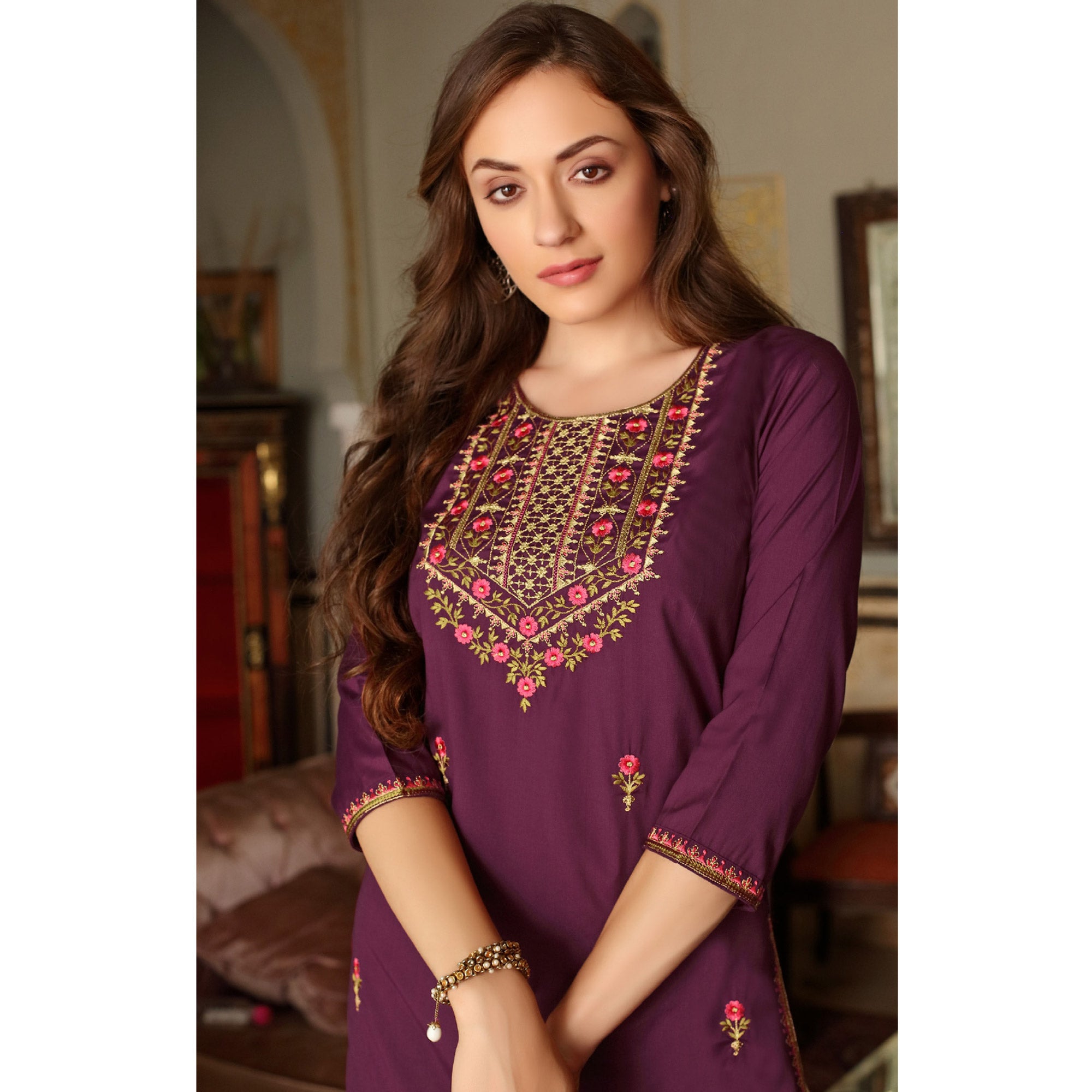 Purple Floral Embroidered Muslin Kurti