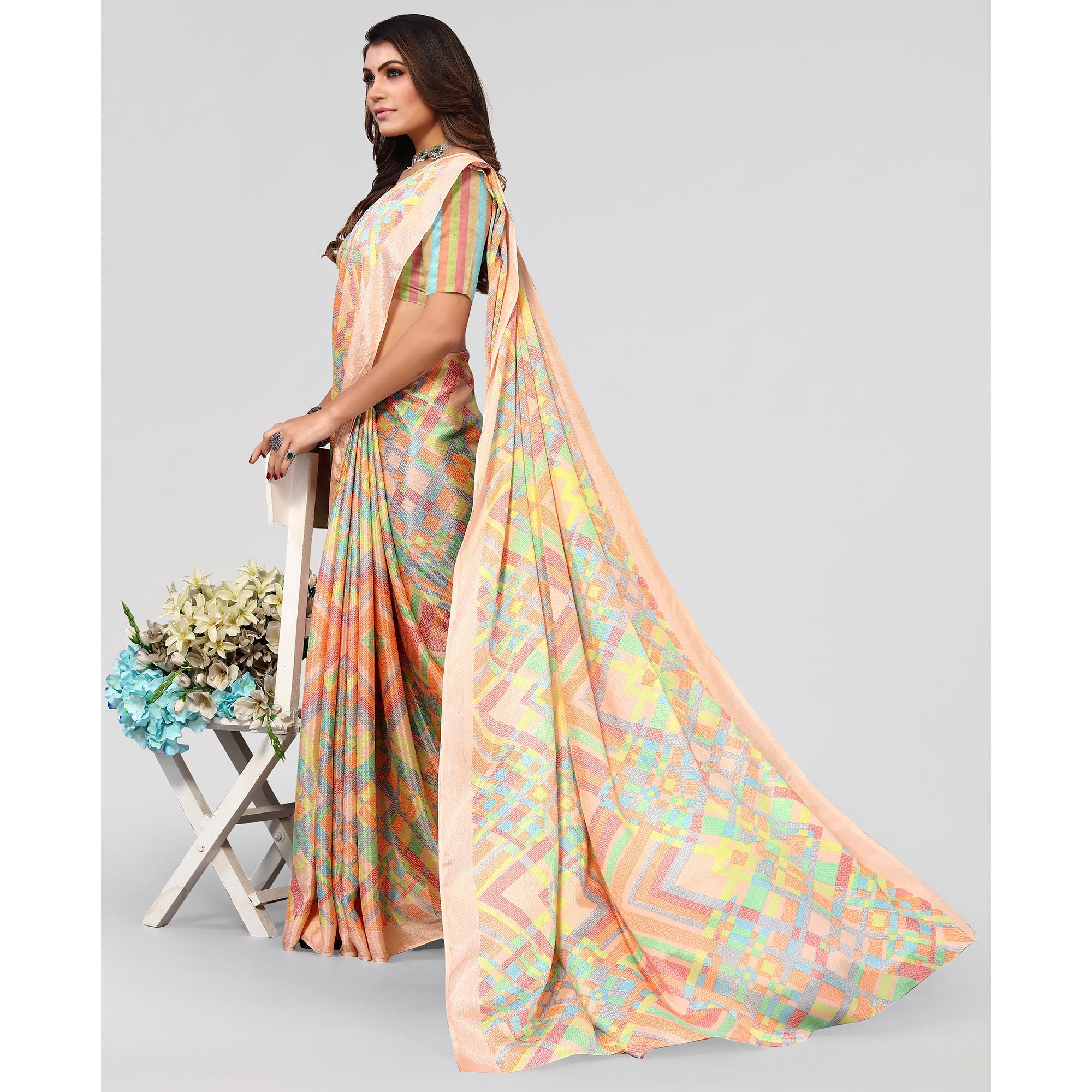 Light Orange Geometric Printed Chiffon Saree