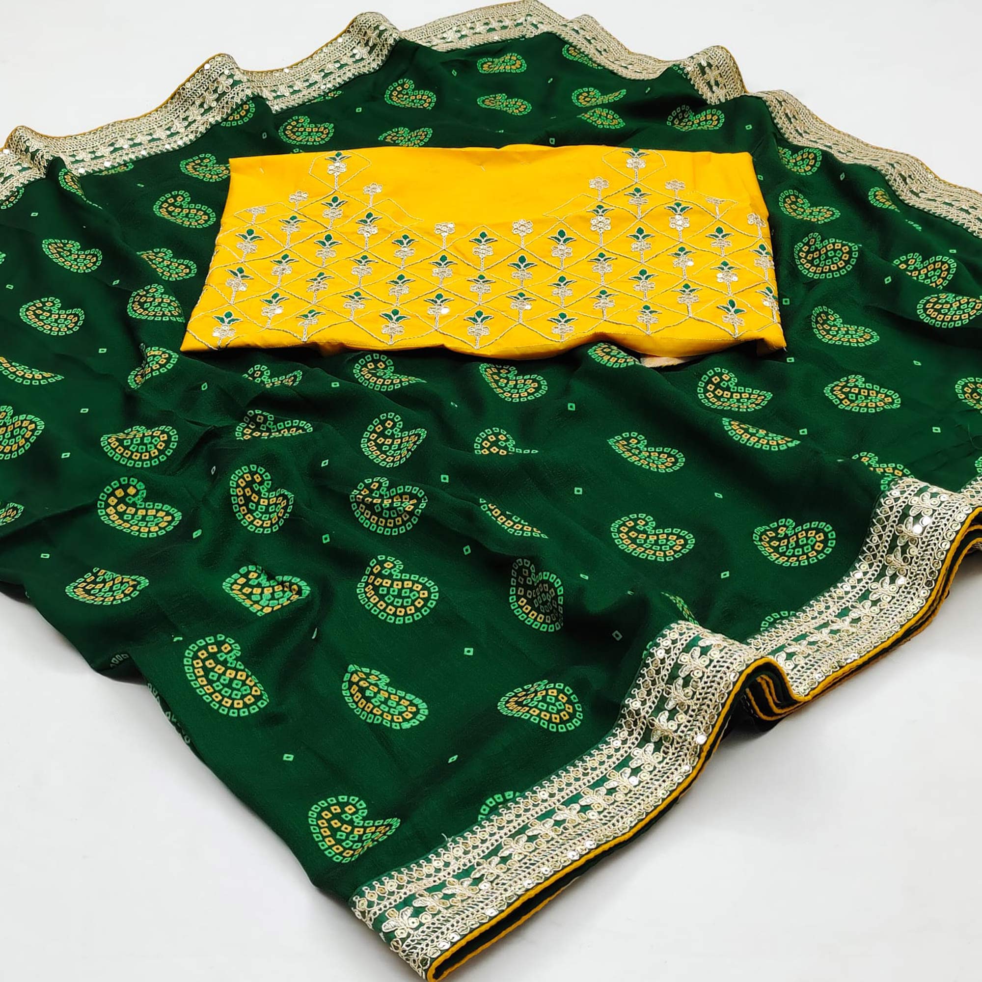 Green Bandhani Printed With Sequins Embroidered Vichitra Silk Saree