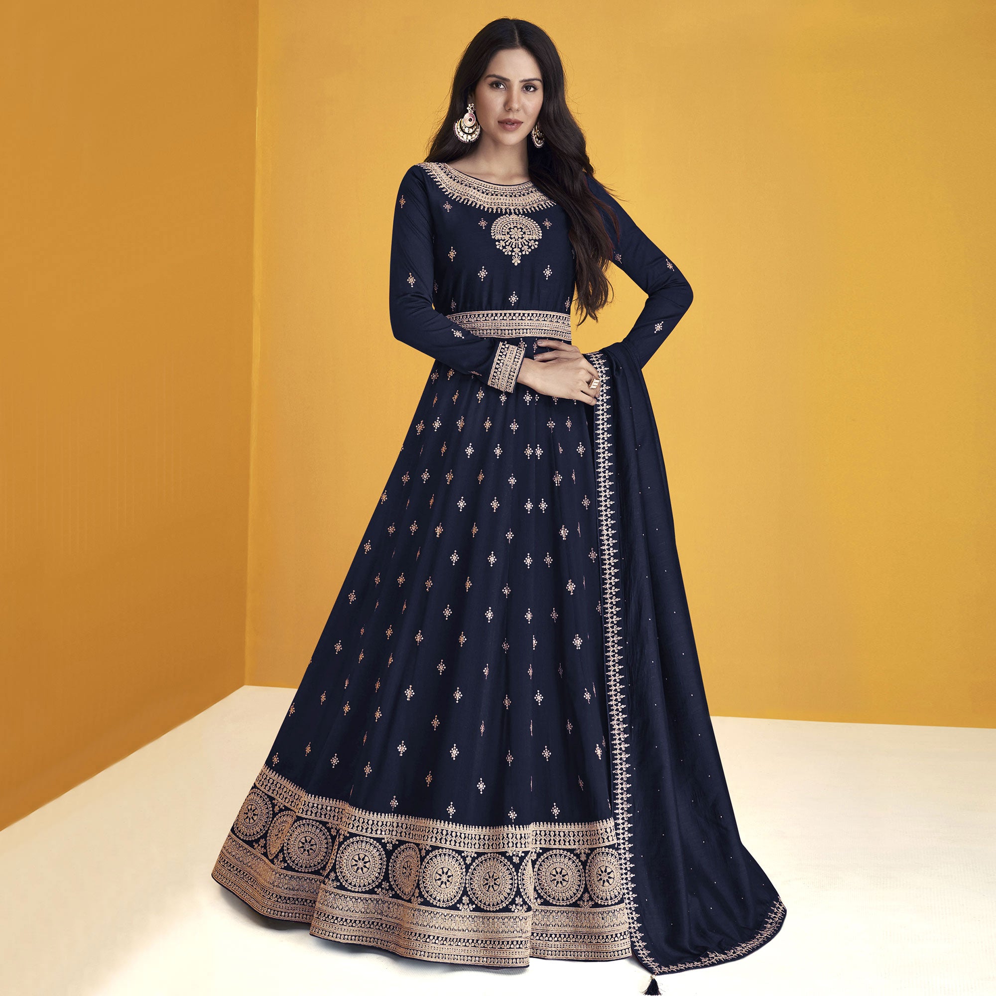 Navy Blue Sequins Embroidered Georgette Semi Stitched Anarkali Suit