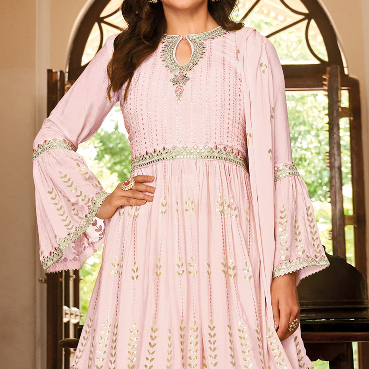 Pink Floral Sequins Embroidered Chiffon Semi Stitched Sharara Suit
