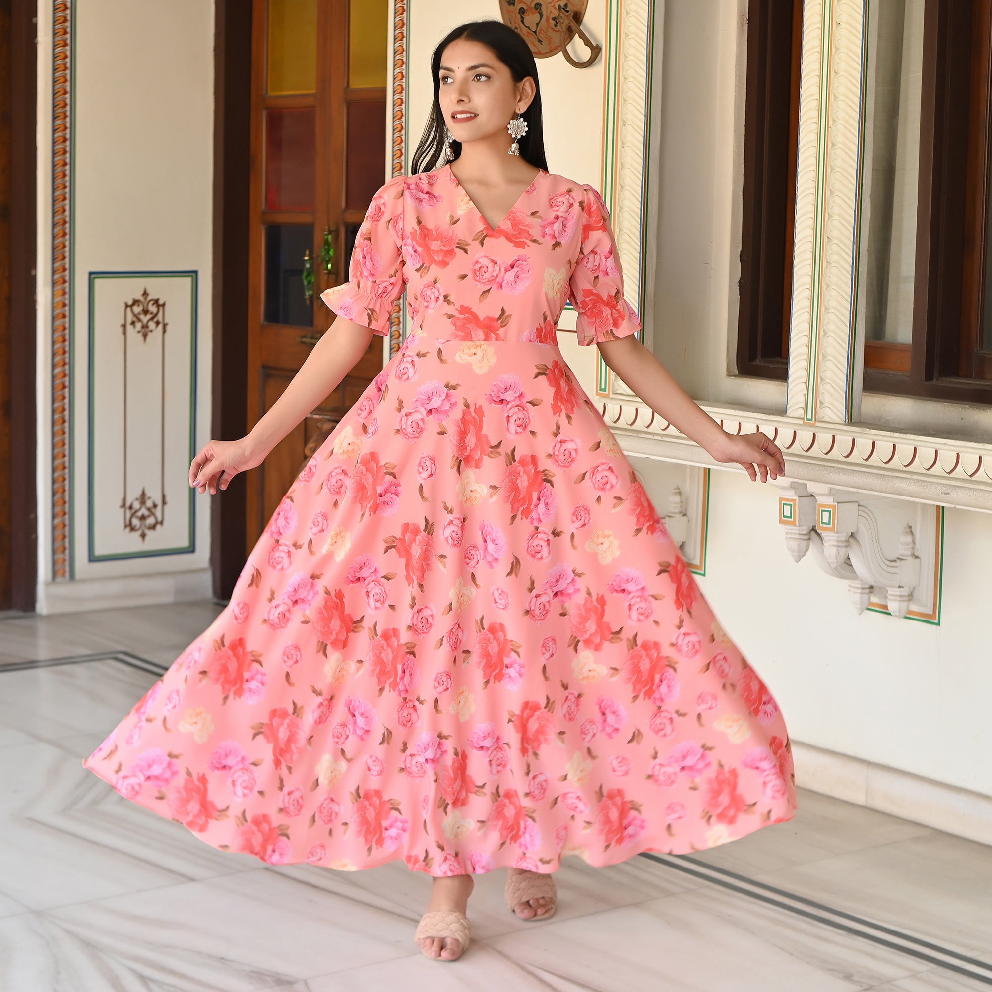 Peach Digital Printed Georgette Gown