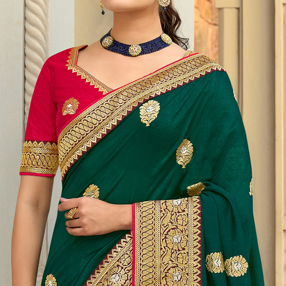 Green Embroidered Vichitra Silk Saree With With Tassels