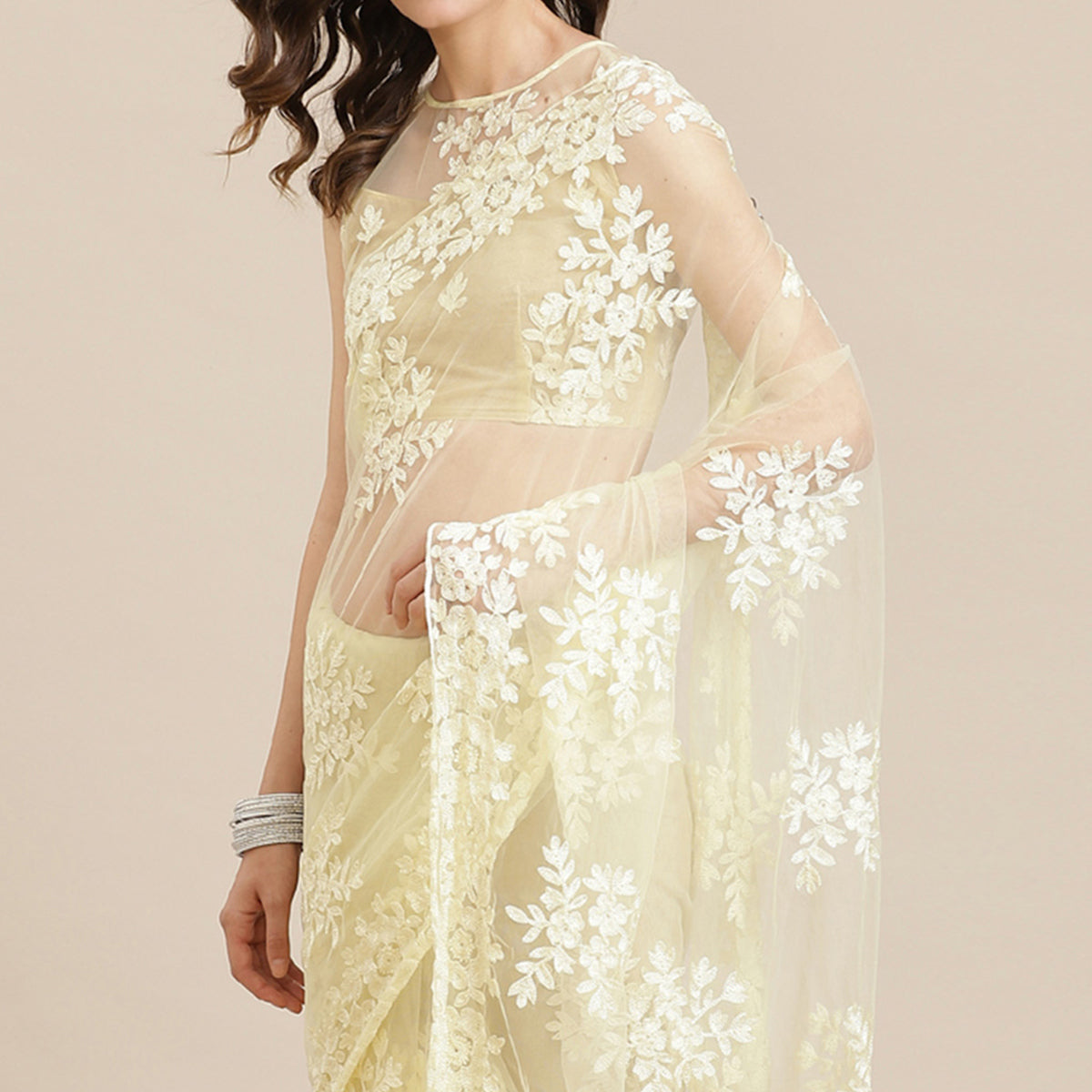 Yellow Floral Embroidered Net Saree