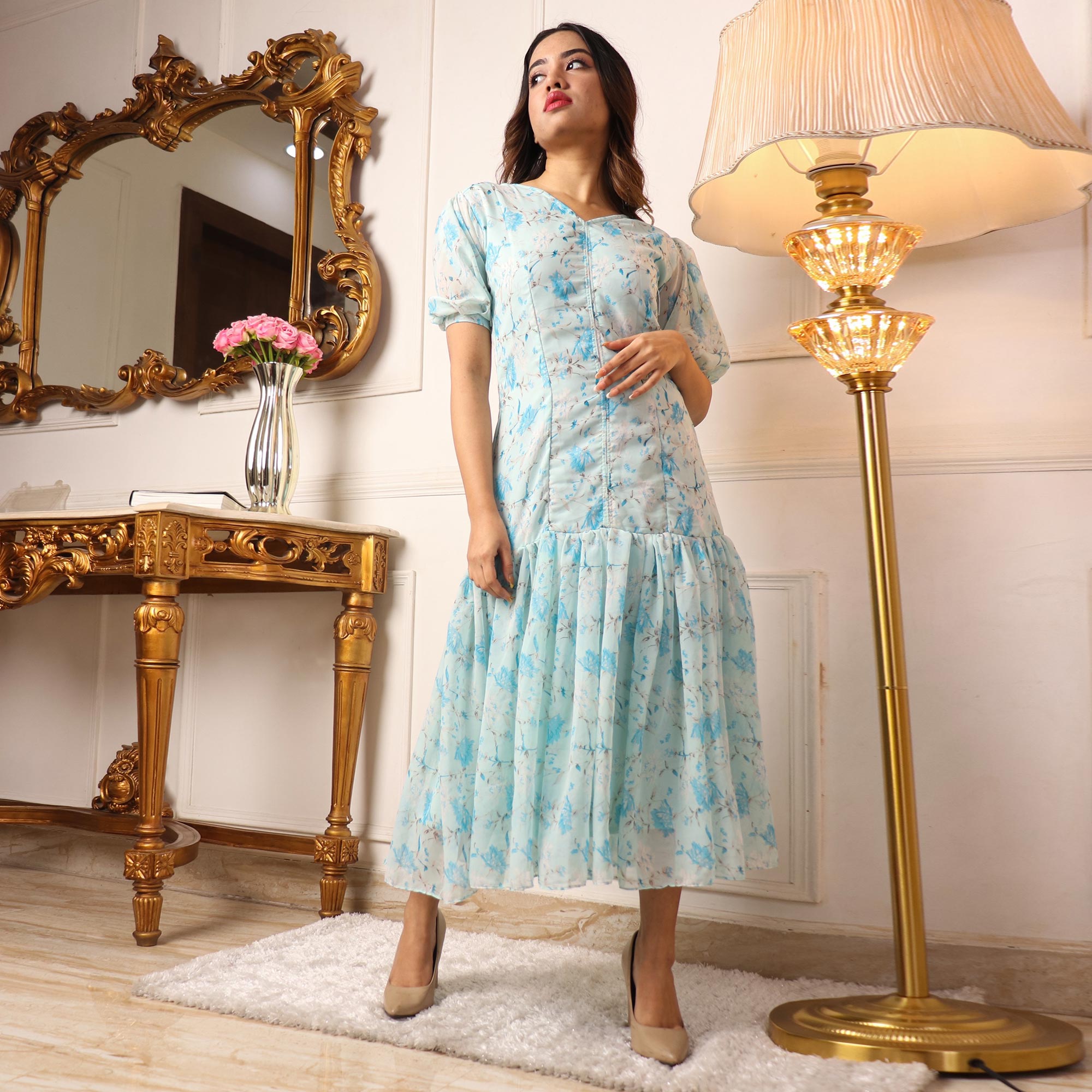 Light Blue Floral Printed Georgette Dress