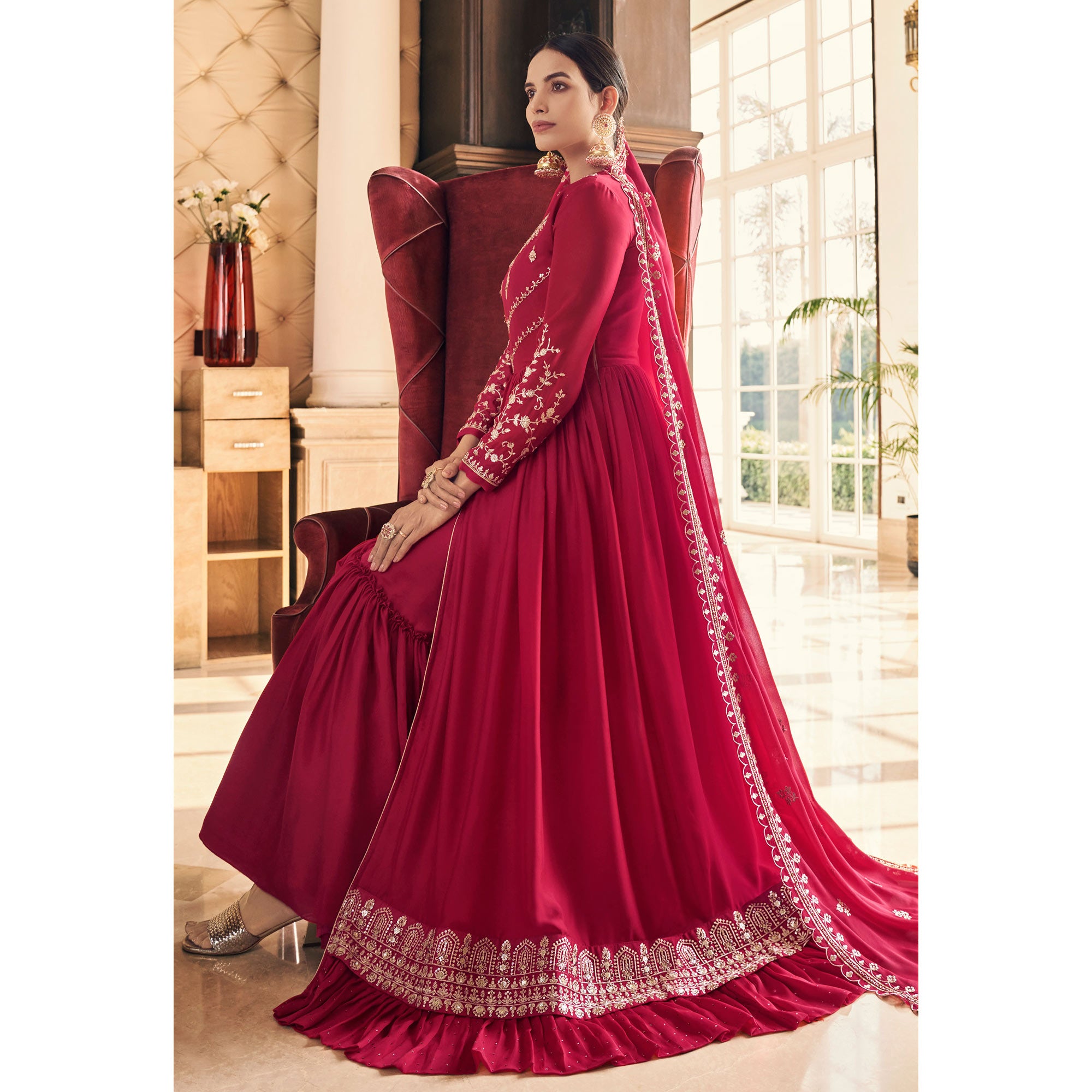 Rose Pink Embroidered Georgette Gown