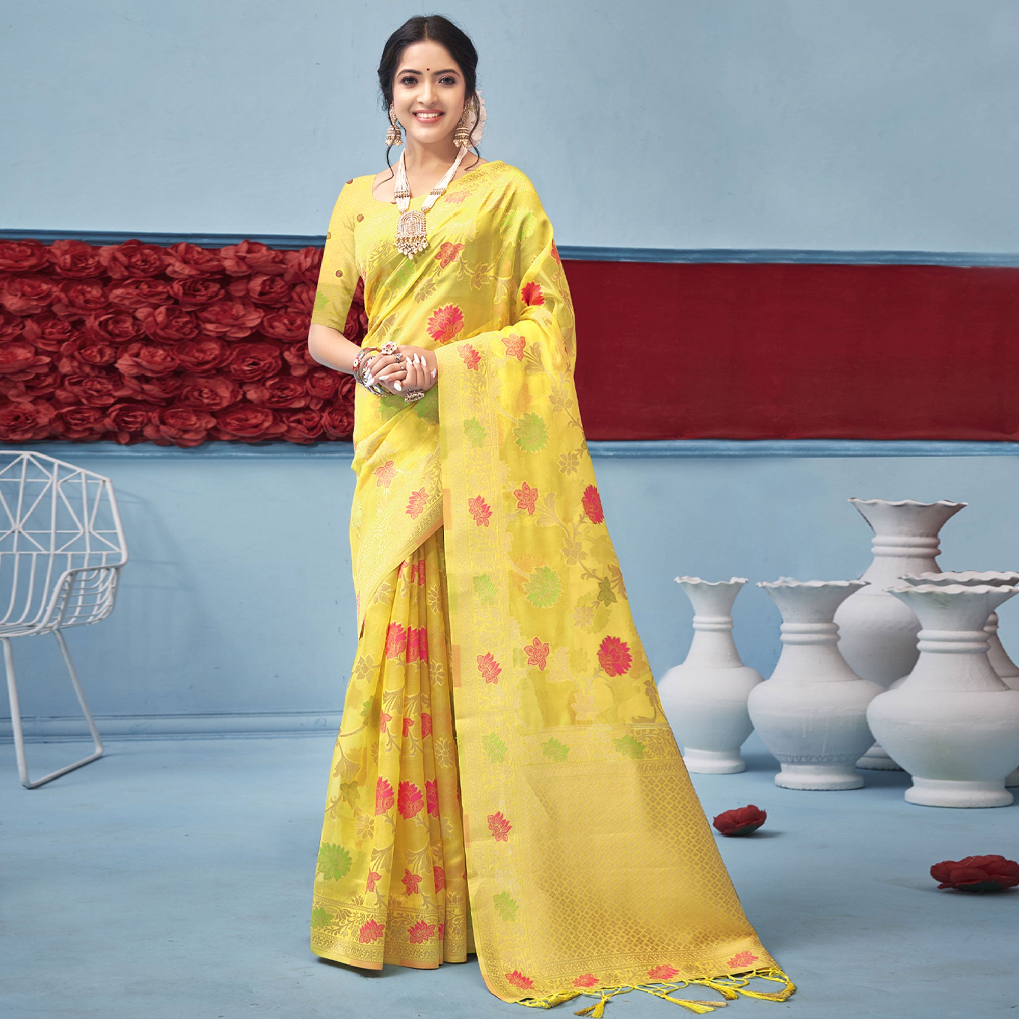 Yellow Woven Organza Saree With Tassels