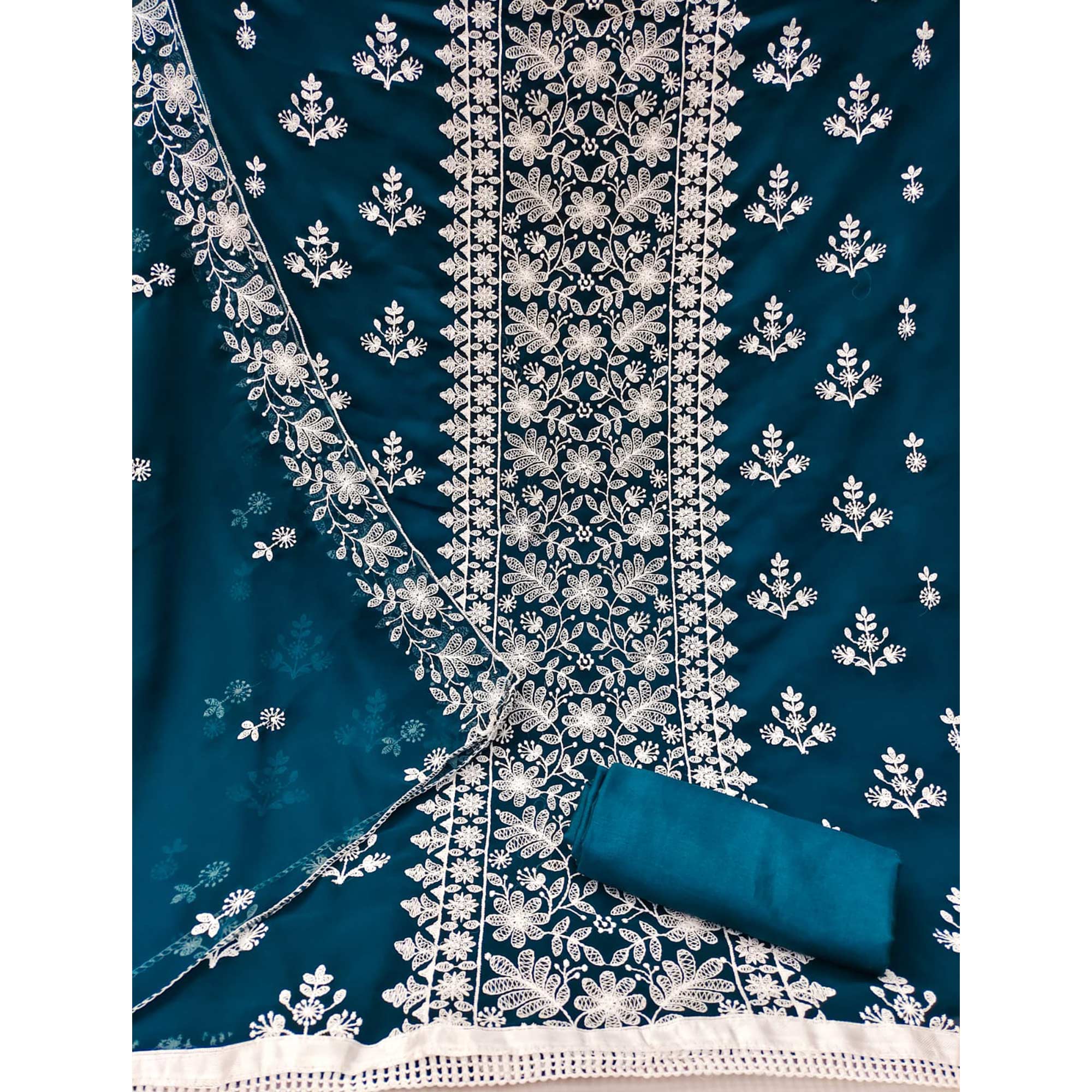 Teal Blue Floral Embroidered Georgette Dress Material