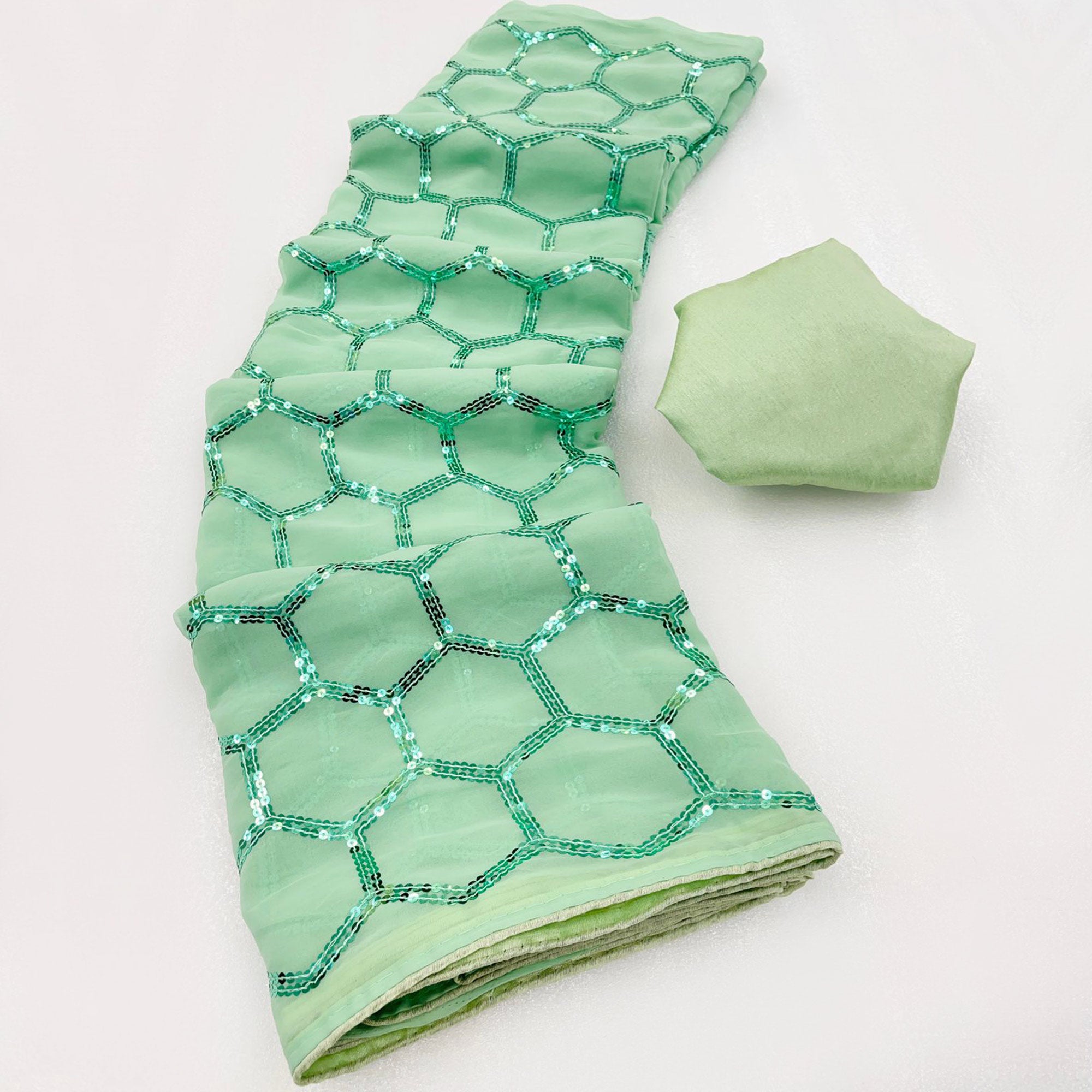 Pista Green Sequins Embroidered Georgette Saree