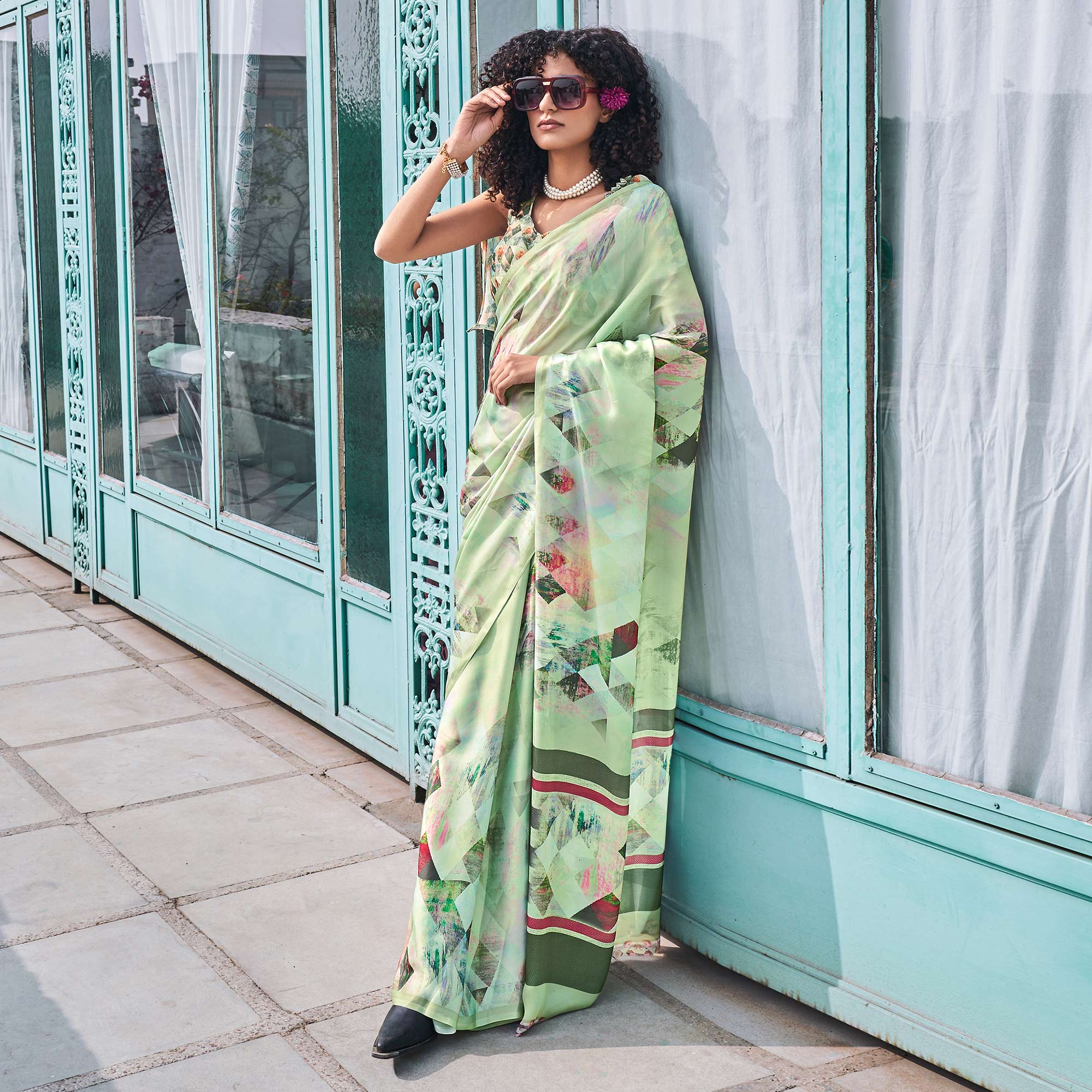 Pista Green Digital Printed Satin Saree