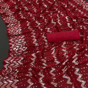 Cherry Red Sequins Embroidered Georgette Saree