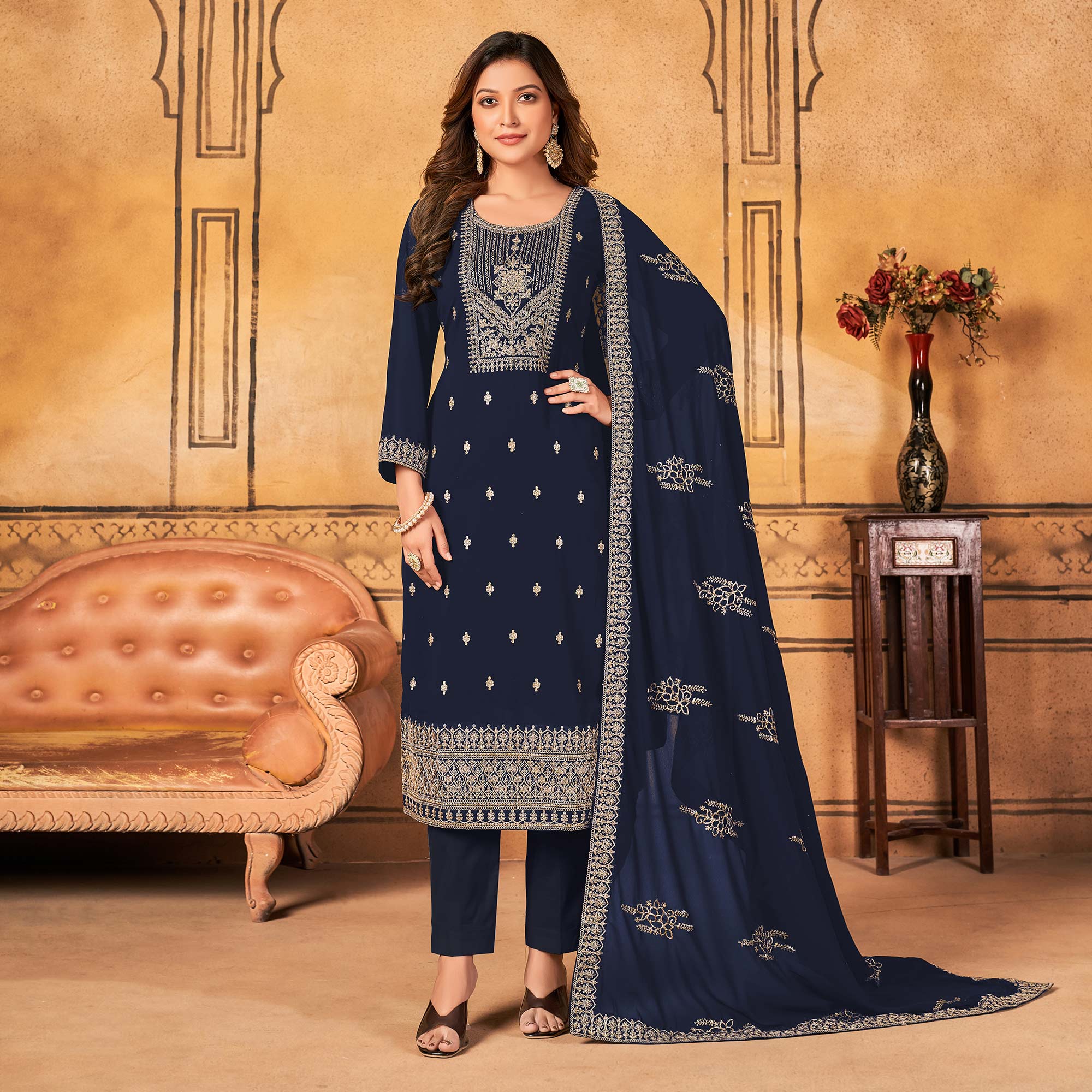 Navy Blue Floral Embroidered Georgette Salwar Suit