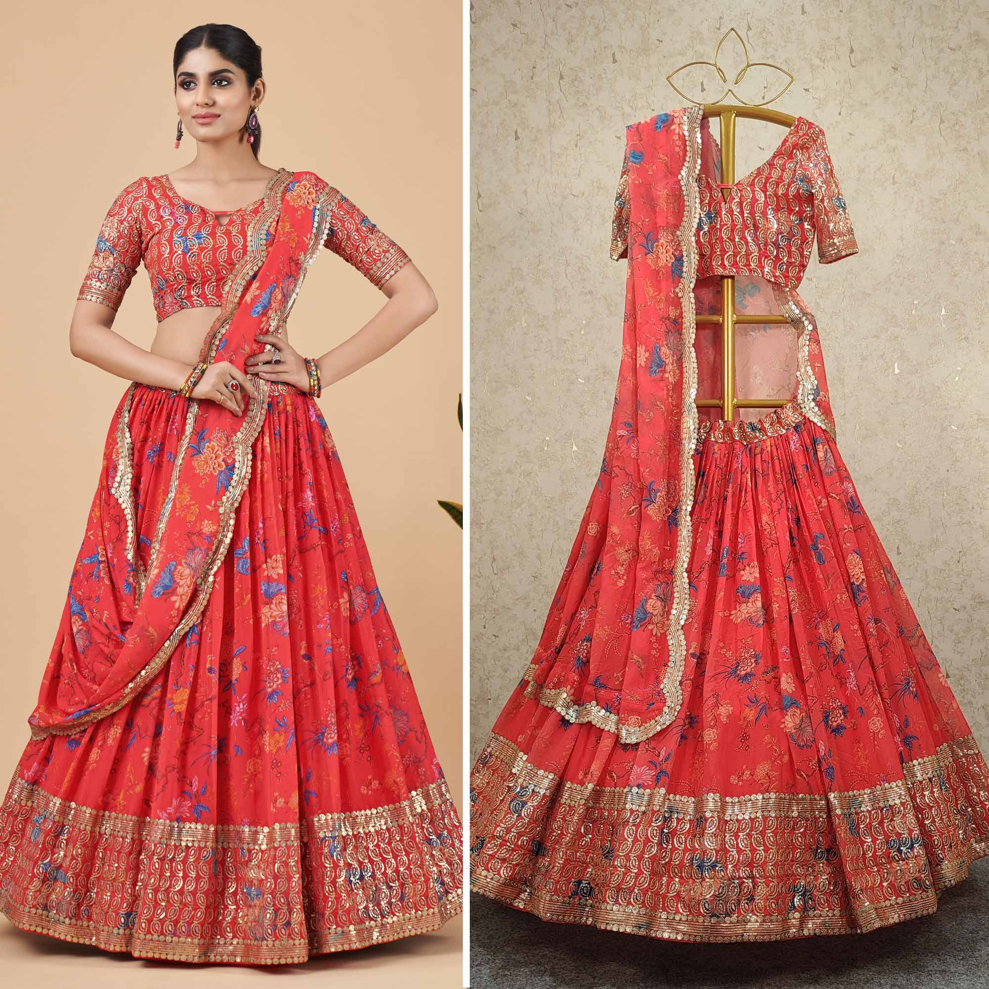 Coral Red Floral Printed And Sequins Work Georgette Lehenga Choli
