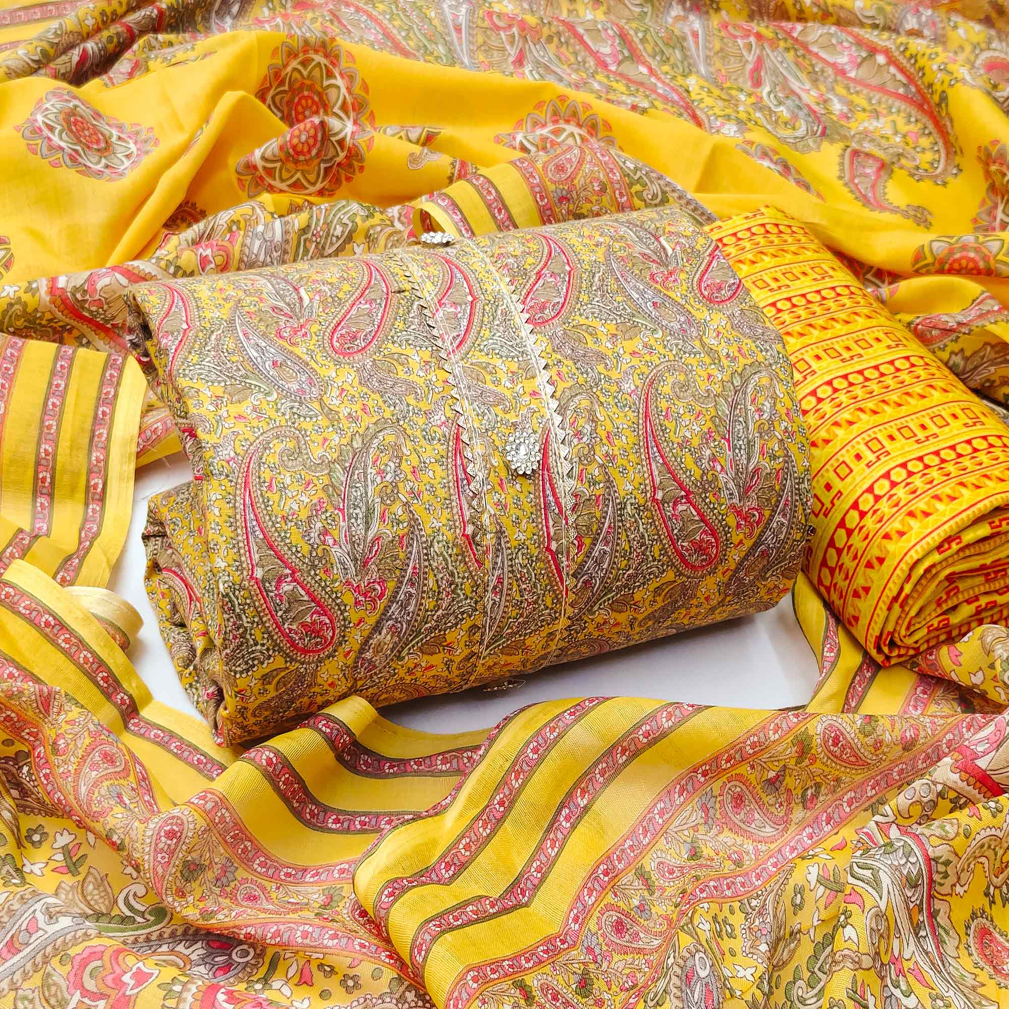 Yellow Printed Cotton Blend Dress Material