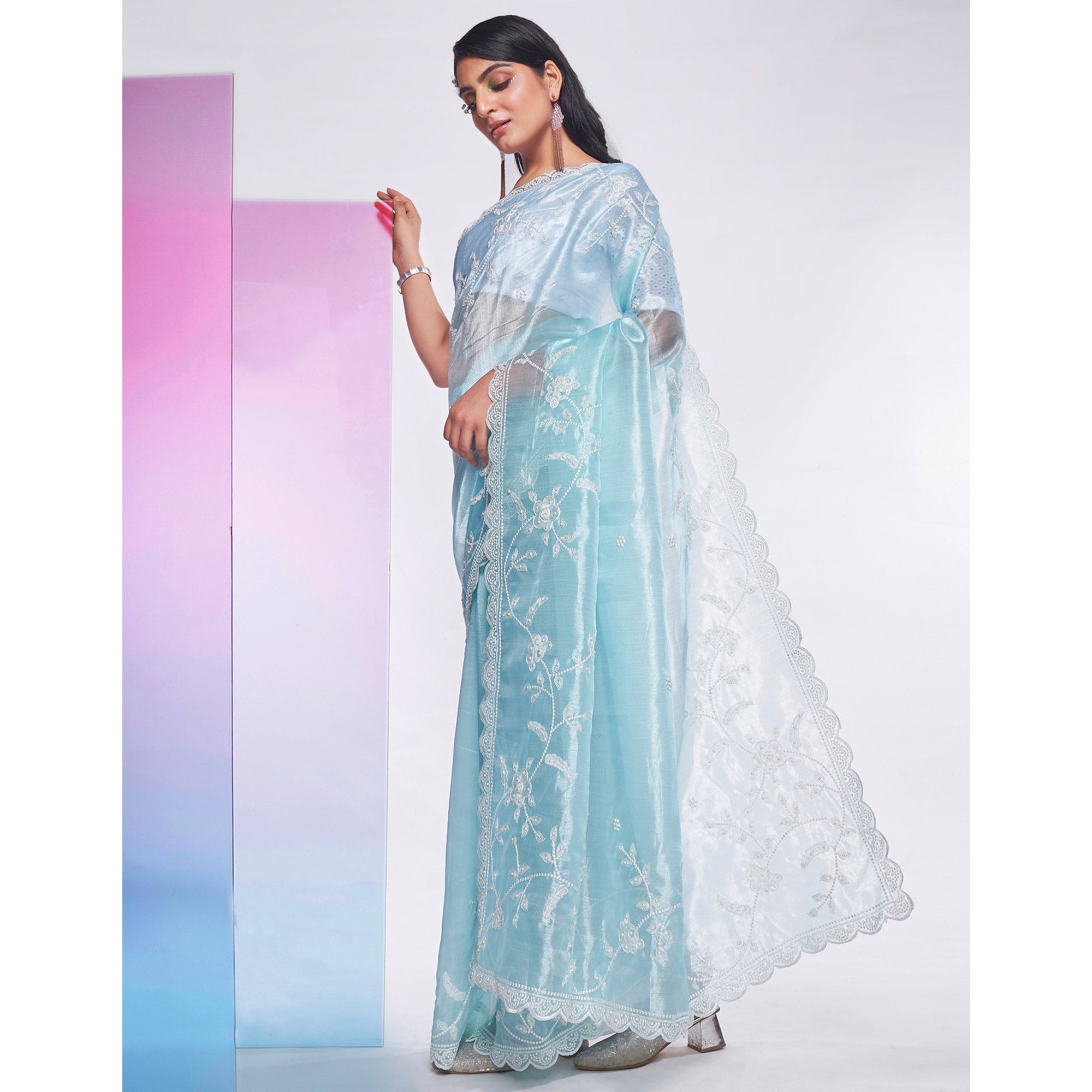 Blue Floral Embroidered Organza Saree