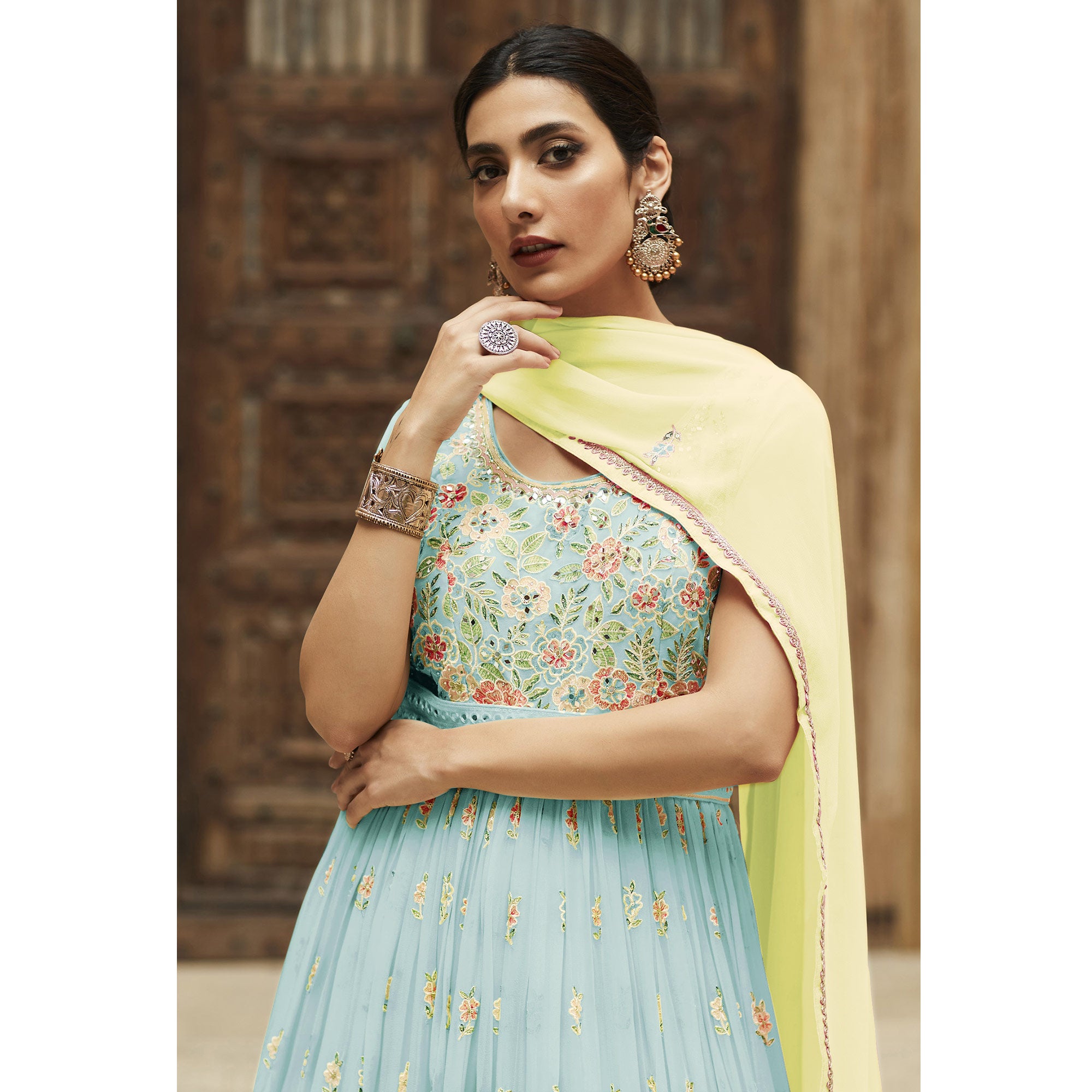 Light Sky Blue Sequins Floral Embroidered Georgette Semi Stitched Anarkali Suit
