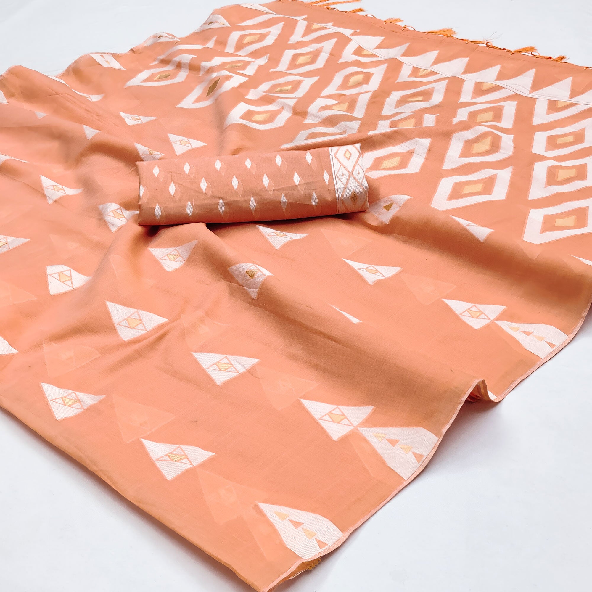 Peach Woven Cotton Saree With Tassels