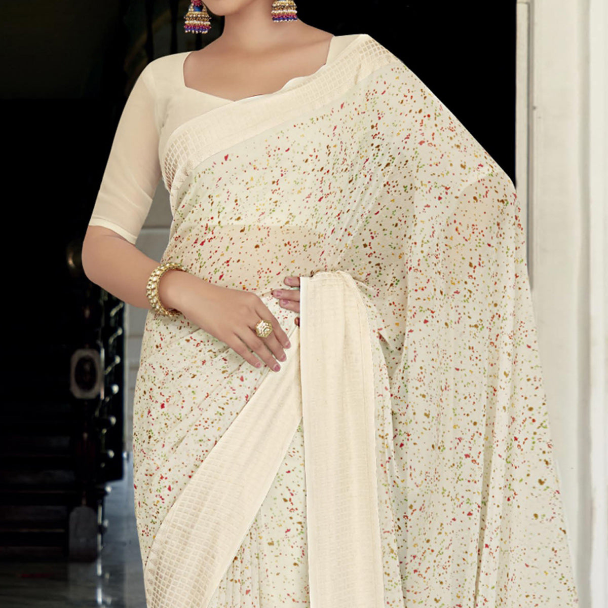 Off White Printed Georgette Saree With Checks Border