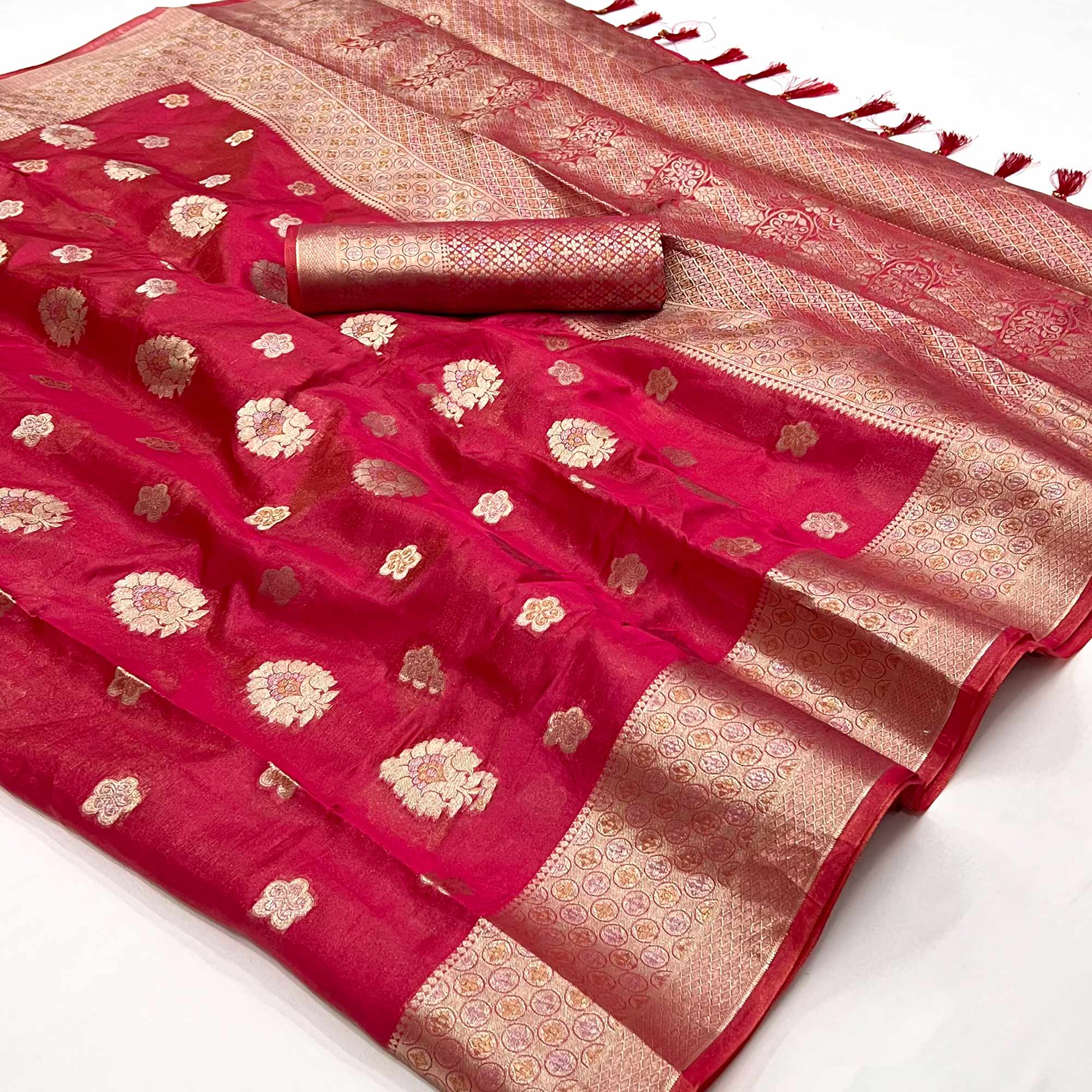 Red Floral Woven Organza Saree