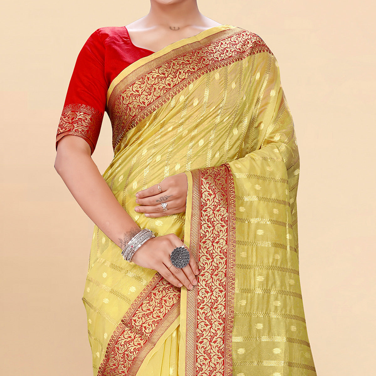 Yellow Woven Organza Saree With Tassels