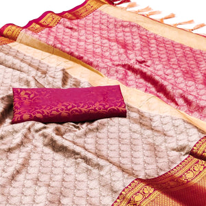 Baby Pink Printed And Woven Cotton Silk Saree With Tassels