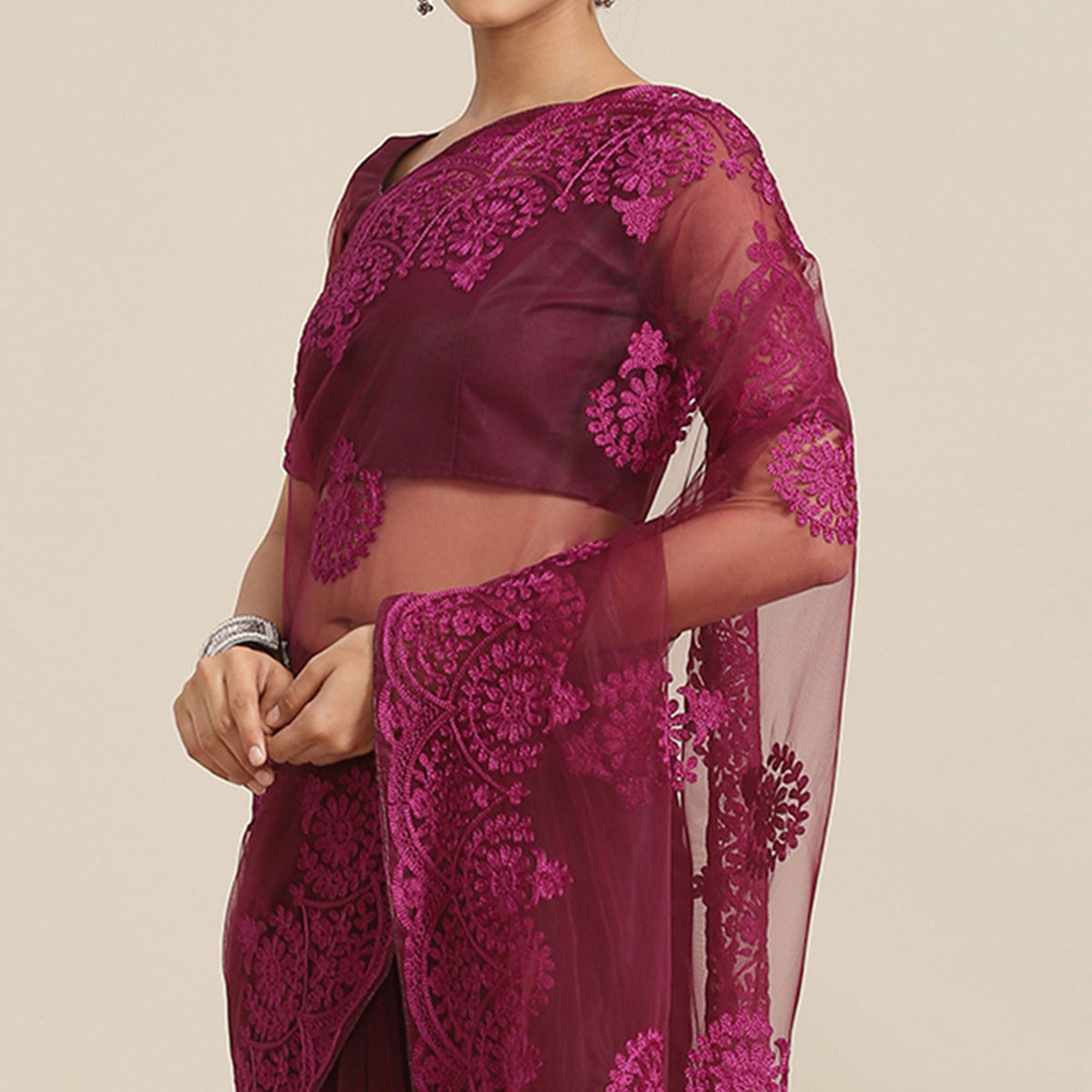 Wine Floral Embroidered Net Saree