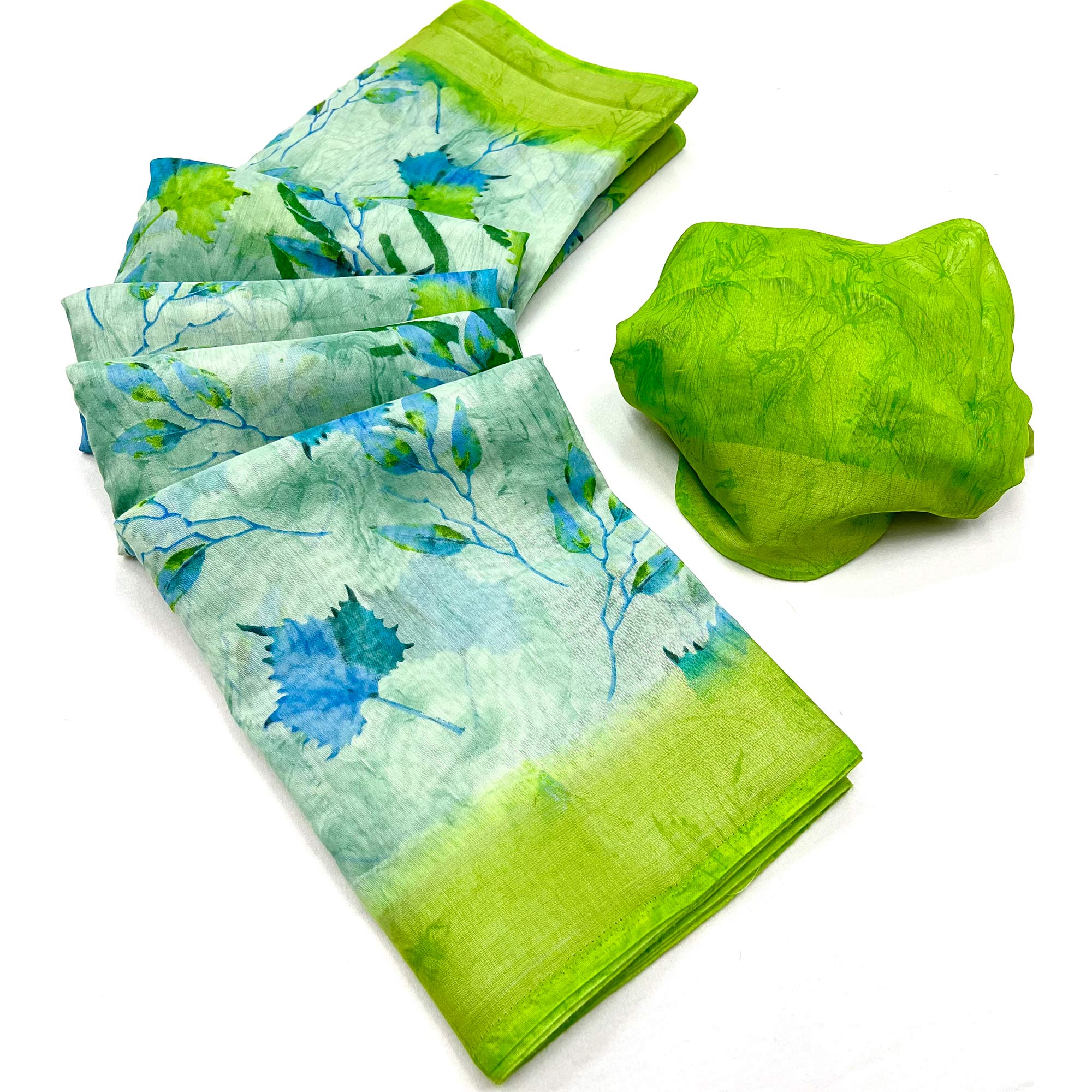 Green Floral Printed Linen Saree