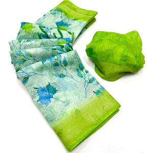 Green Floral Printed Linen Saree